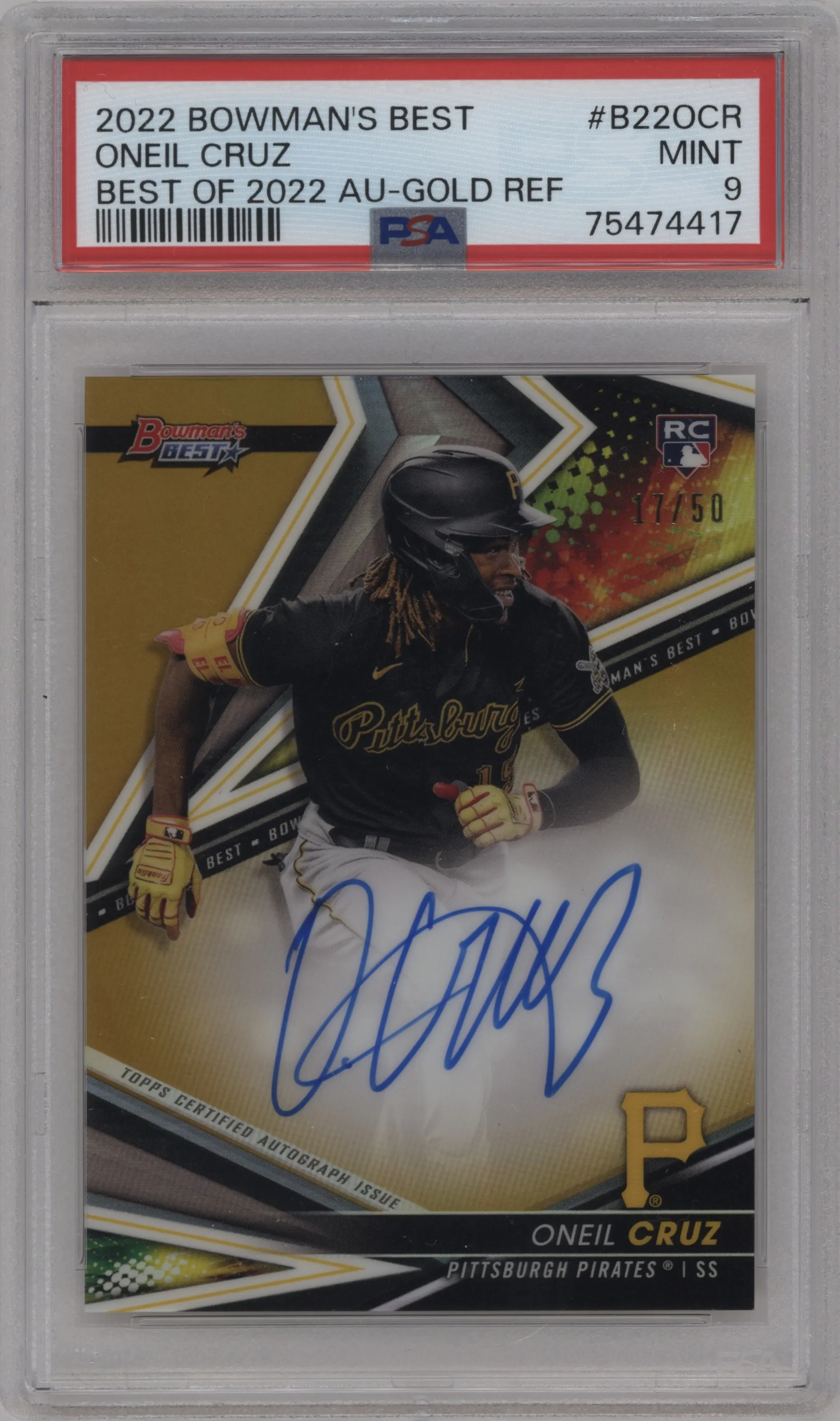 2022 Bowman’s Best Best of 2022 Auto Oneil Cruz Gold Refractor #B22-OCR PSA 9