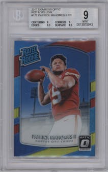 Patrick Mahomes II from the 2017 Panini Donruss Optic set featuring a Red/Yellow parallel graded by Beckett and given an overall grade of 9.