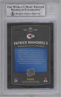 Patrick Mahomes II from the 2017 Panini Donruss Optic set featuring a Red/Yellow parallel graded by Beckett and given an overall grade of 9.