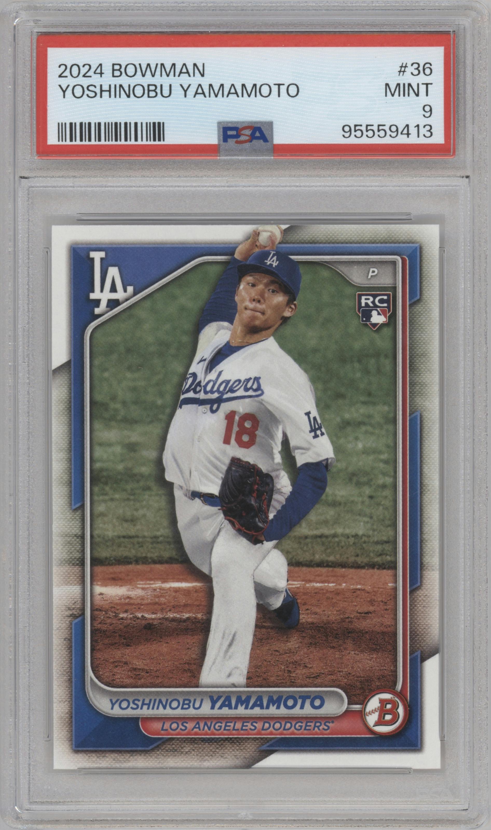 Yoshinobu Yamamoto from the 2024 Bowman set graded by PSA and given an overall grade of 9.