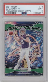 J.J. McCarthy from the 2024 Panini Prizm set featuring a Green Wave parallel graded by PSA and given an overall grade of 9.