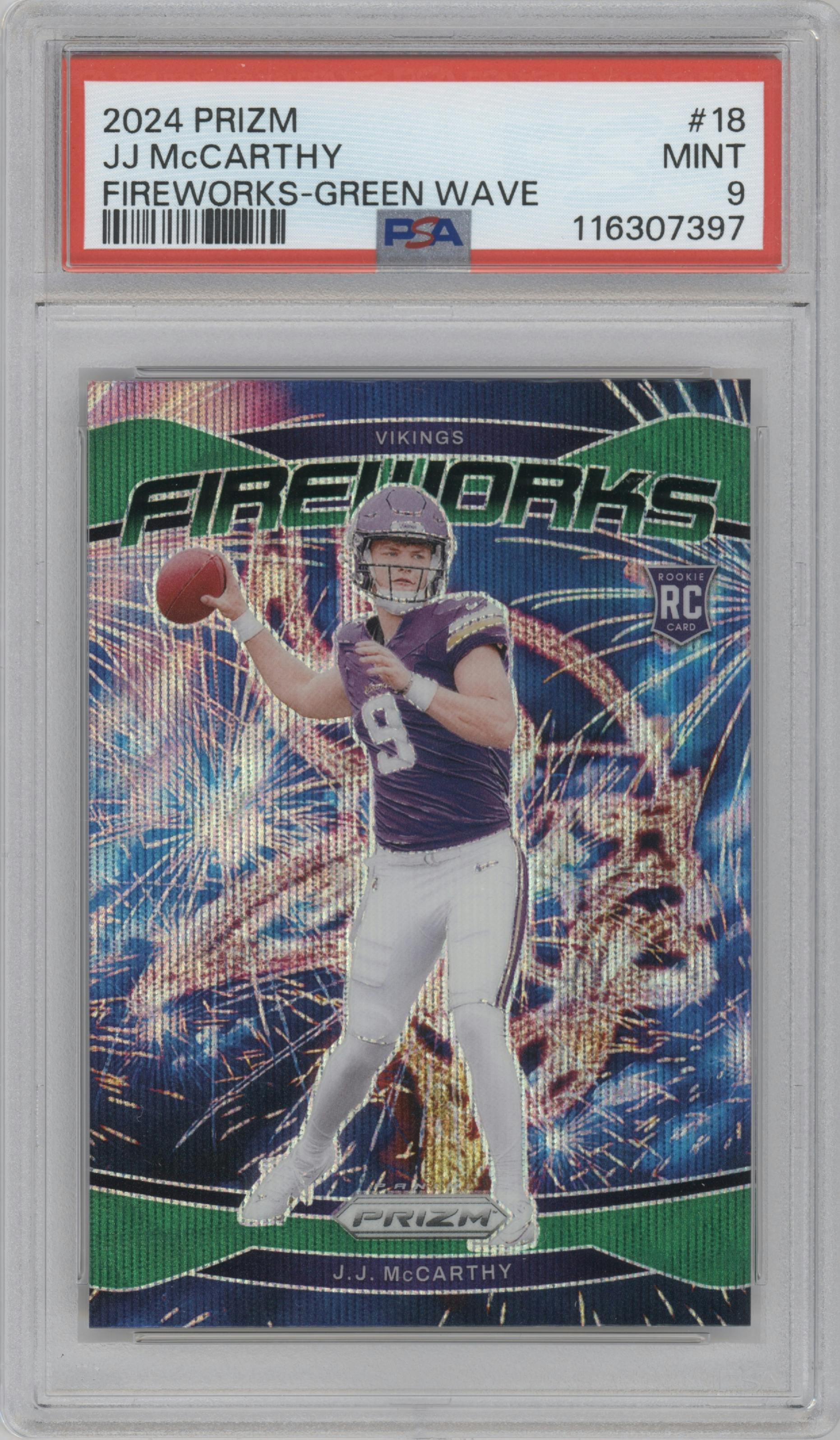 J.J. McCarthy from the 2024 Panini Prizm set featuring a Green Wave parallel graded by PSA and given an overall grade of 9.