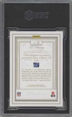 Eli Manning from the 2014 Panini Flawless set featuring a Ruby parallel graded by SGC and given an overall grade of 9.