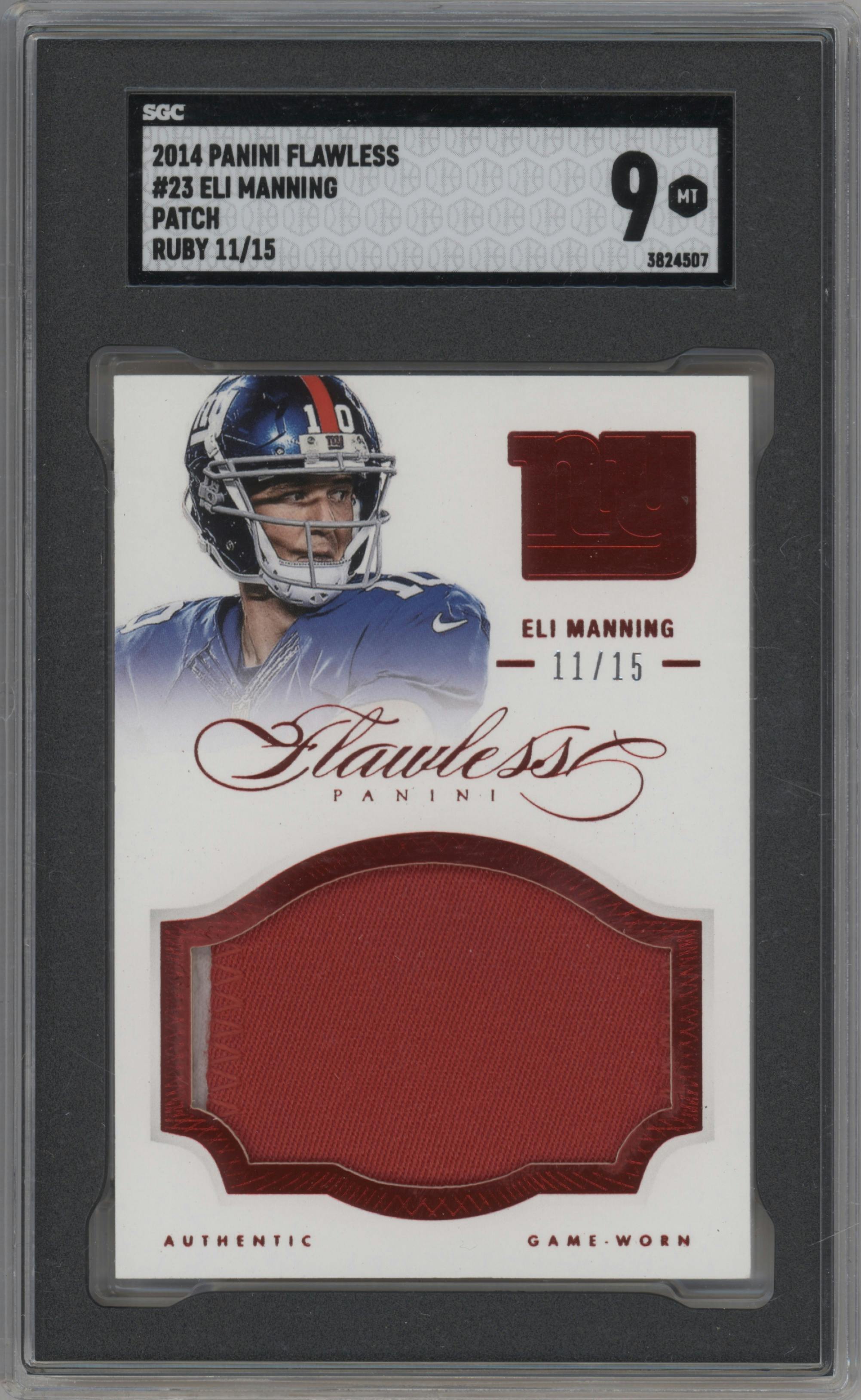 Eli Manning from the 2014 Panini Flawless set featuring a Ruby parallel graded by SGC and given an overall grade of 9.