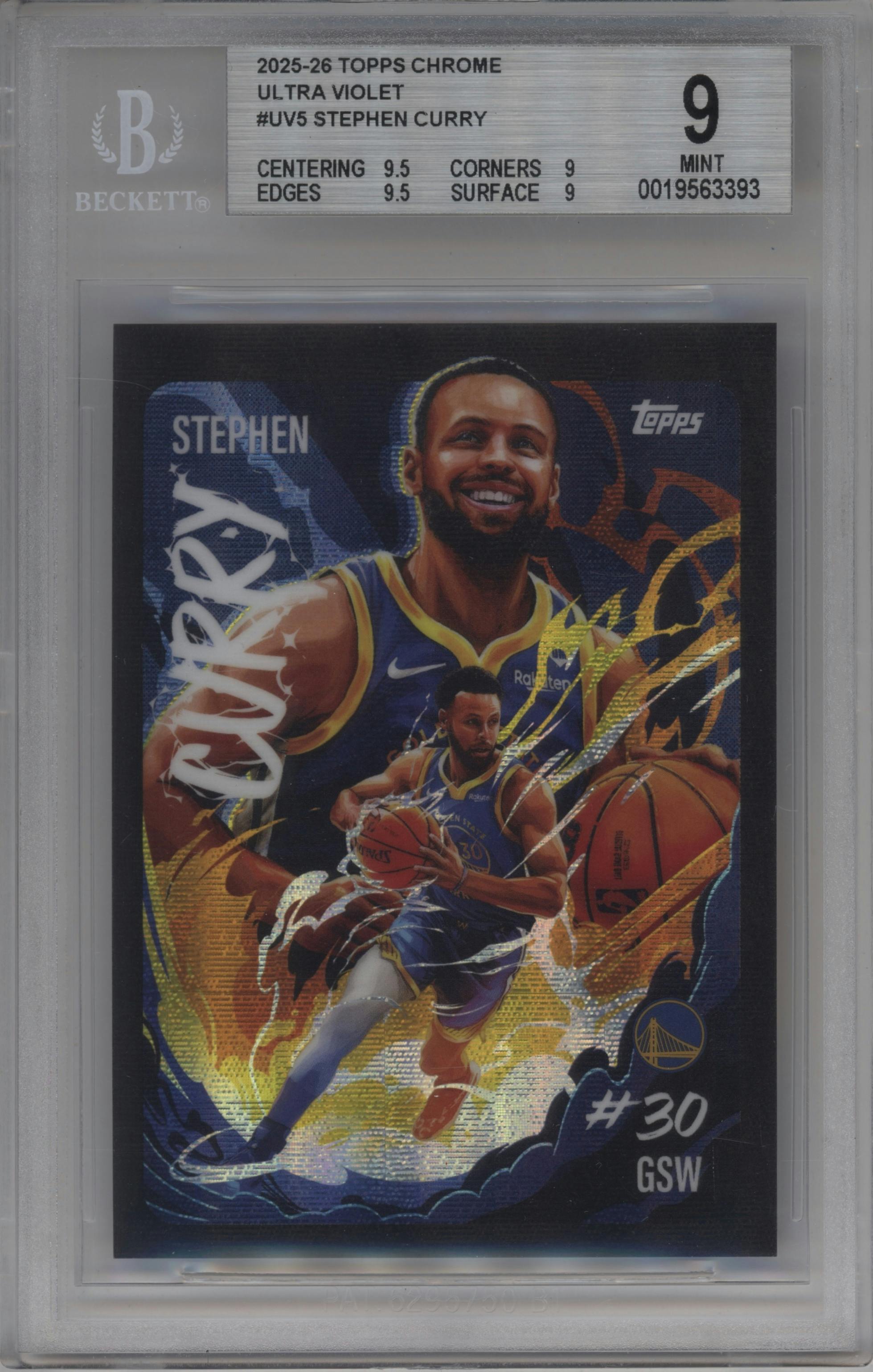 Stephen Curry from the 2025-26 Topps Chrome set graded by Beckett and given an overall grade of 9.