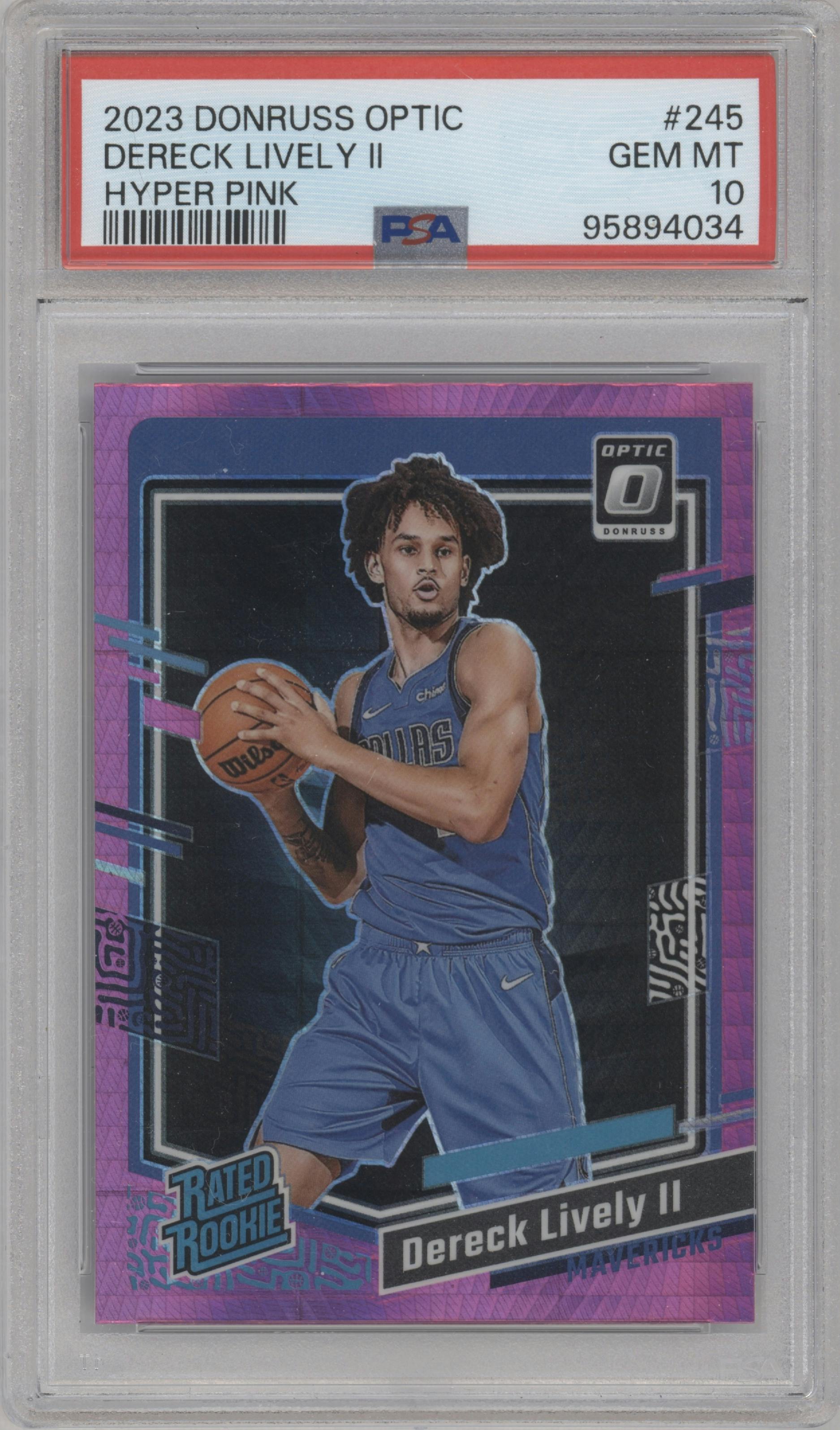 Dereck Lively II from the 2023-24 Donruss Optic set featuring a Hyper Pink parallel graded by PSA and given an overall grade of 10.
