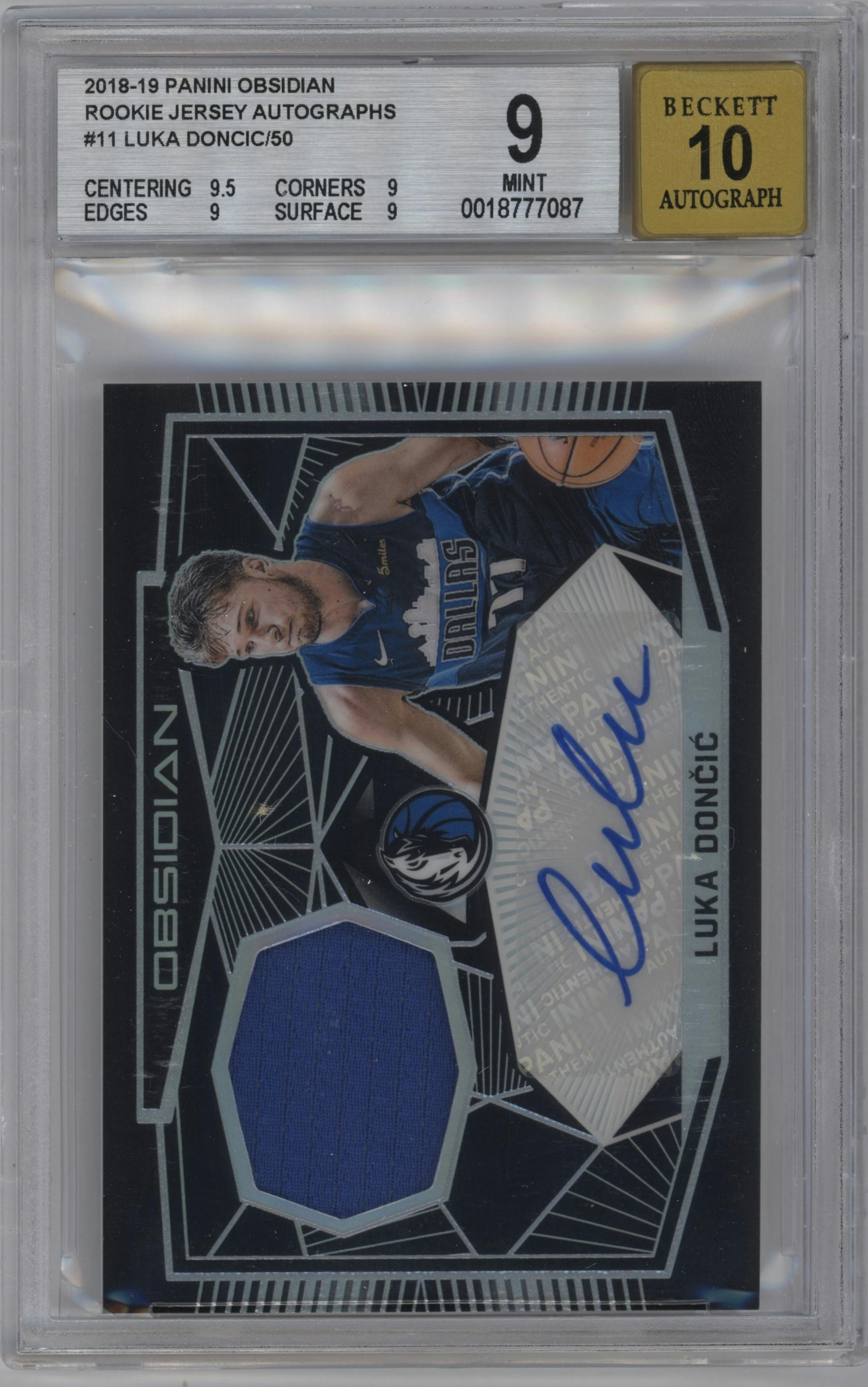 Luka Doncic from the 2018-19 Panini Obsidian set graded by Beckett and given an overall grade of 9.