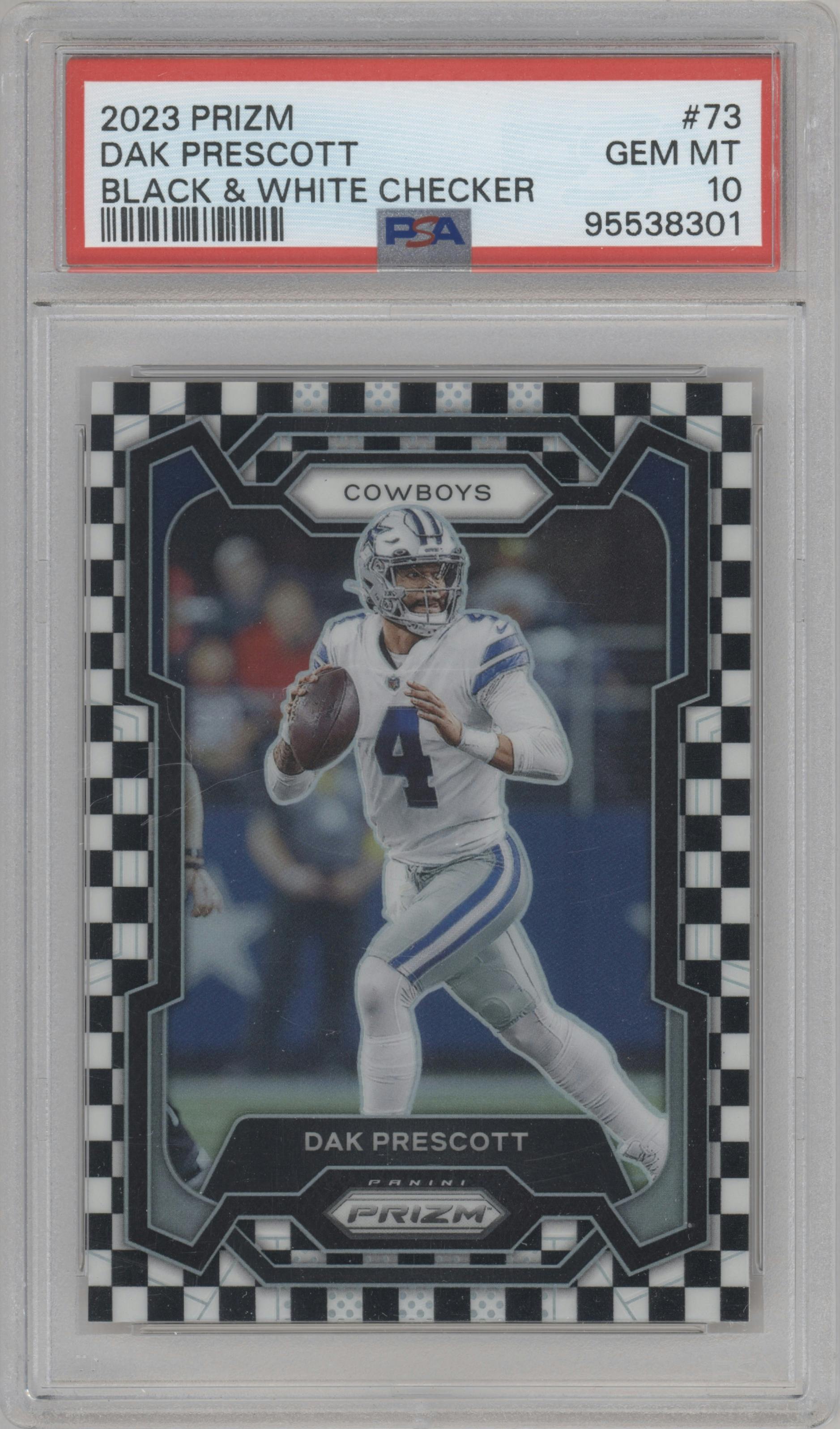 Dak Prescott from the 2023 Panini Prizm set featuring a Black/White Checker parallel graded by PSA and given an overall grade of 10.