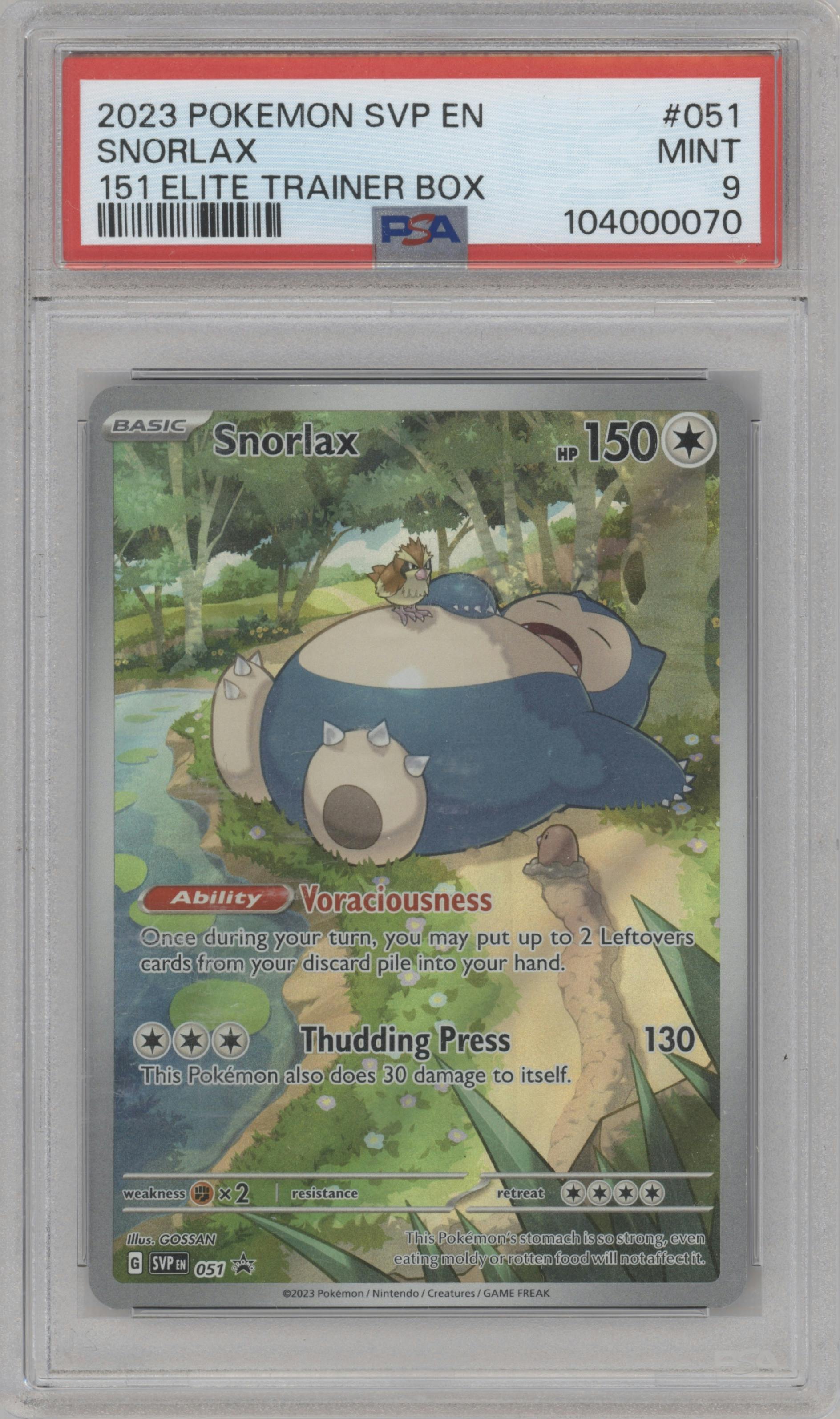 Snorlax from the 2023 Pokemon SV set featuring a Scarlet & Violet 151 Elite Trainer Box parallel graded by PSA and given an overall grade of 9.