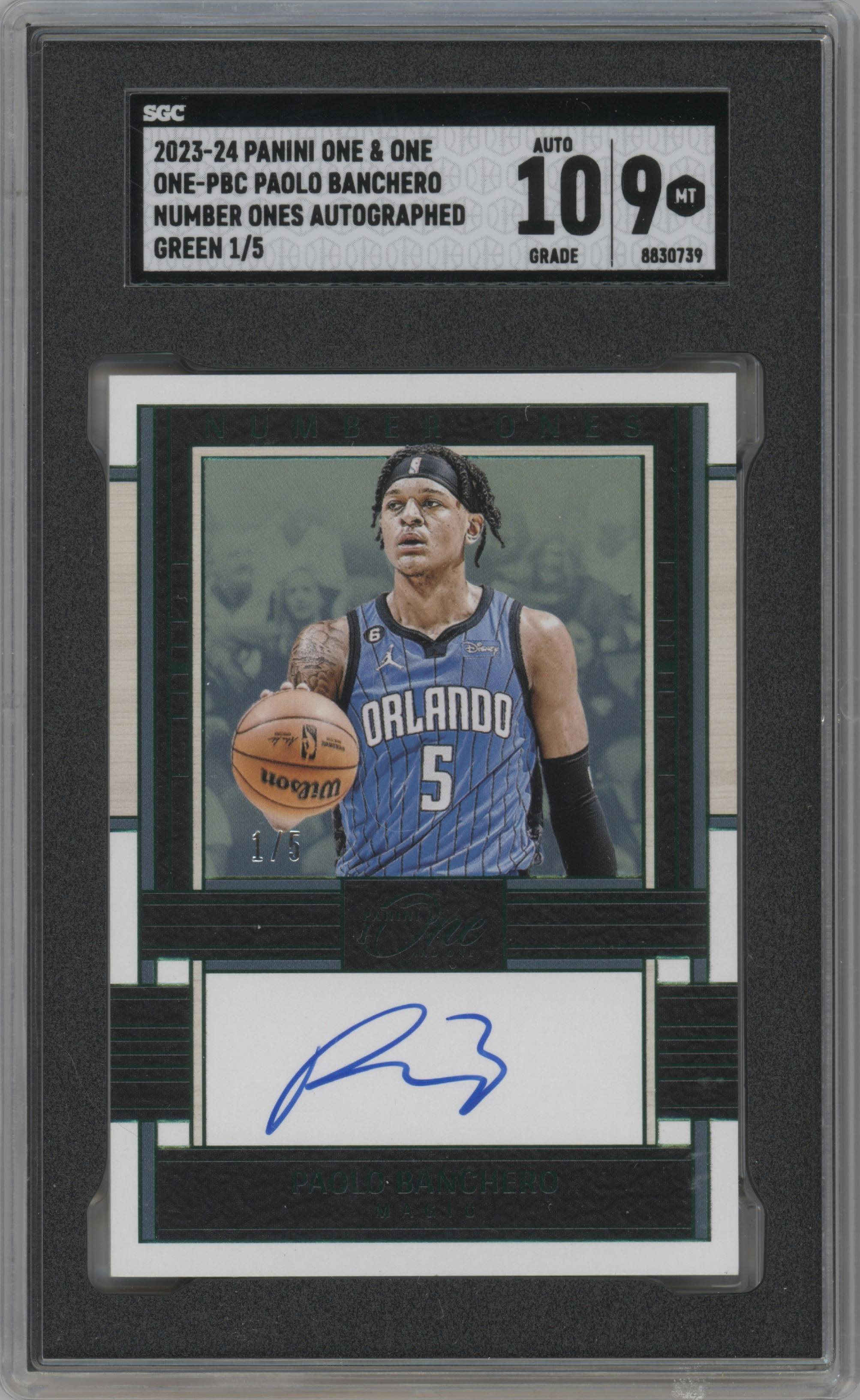 Paolo Banchero from the 2023-24 Panini One and One set featuring a Green parallel graded by SGC and given an overall grade of 9.