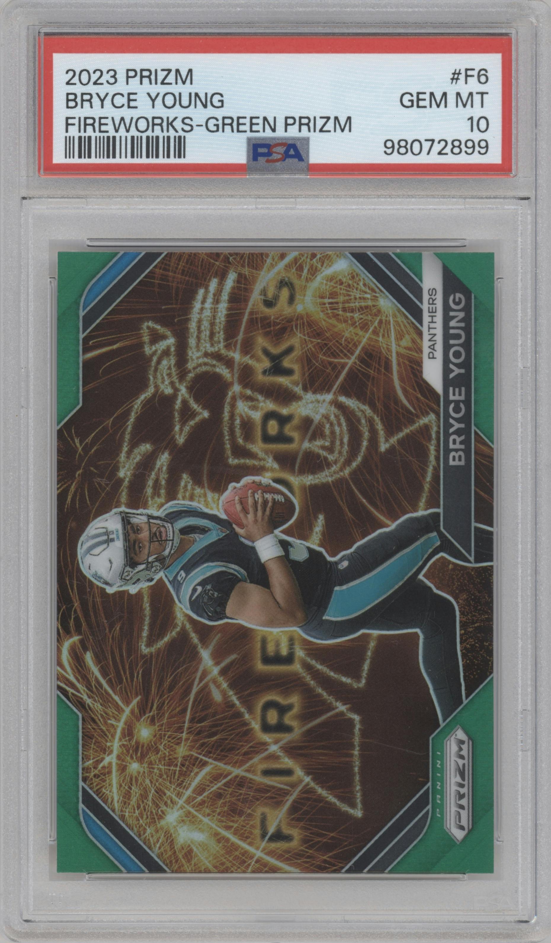 Bryce Young from the 2023 Panini Prizm set featuring a Green Prizm parallel graded by PSA and given an overall grade of 10.
