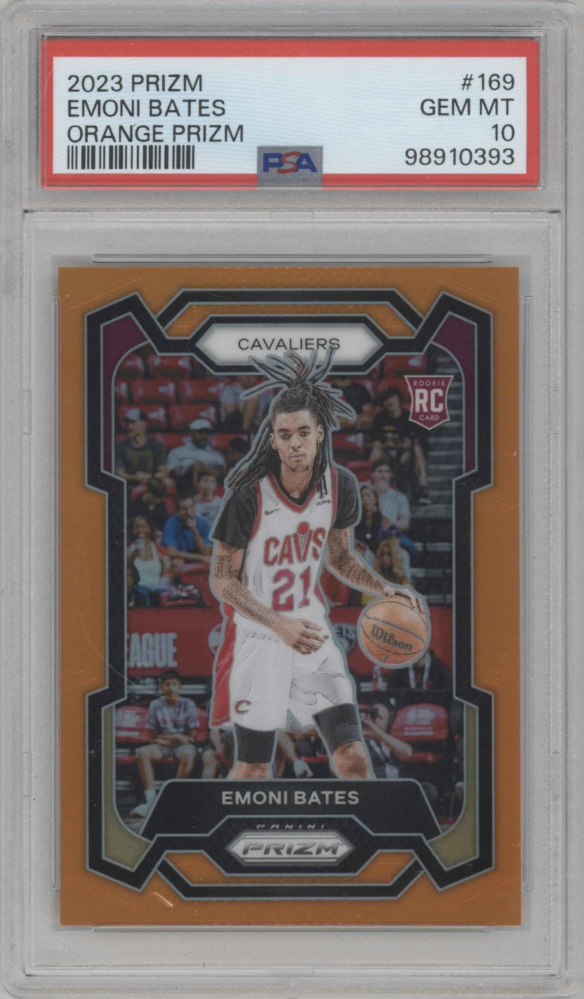Emoni Bates from the 2023-24 Panini Prizm set featuring a Orange Prizm parallel graded by PSA and given an overall grade of 10.