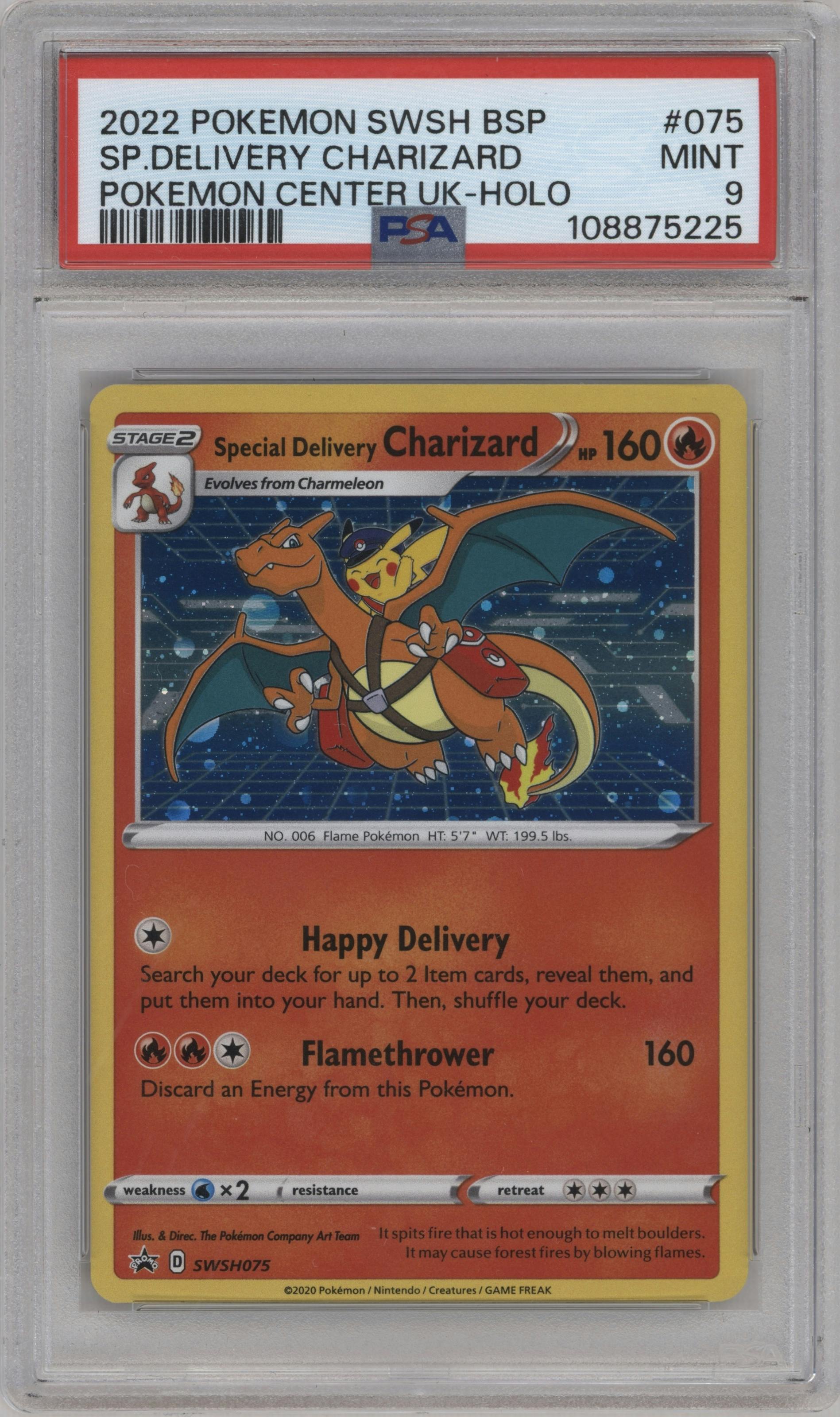 Special Delivery Charizard  from the 2022 Pokemon SWSH set featuring a Pokemon Center UK parallel graded by PSA and given an overall grade of 9.