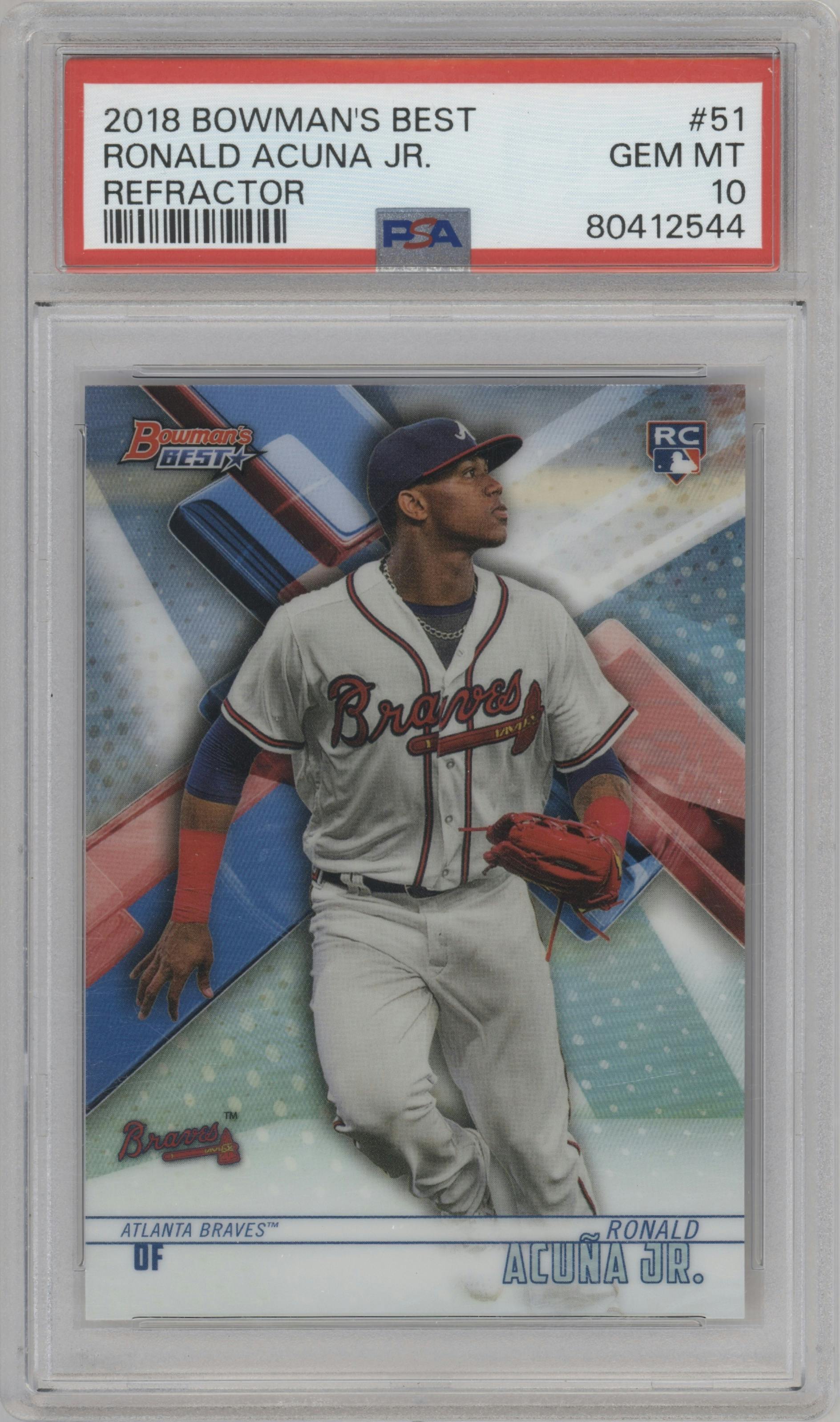 Ronald Acuna Jr. from the 2018 Bowman’s Best set featuring a Refractor parallel graded by PSA and given an overall grade of 10.