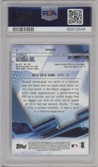 Ronald Acuna Jr. from the 2018 Bowman’s Best set featuring a Refractor parallel graded by PSA and given an overall grade of 10.