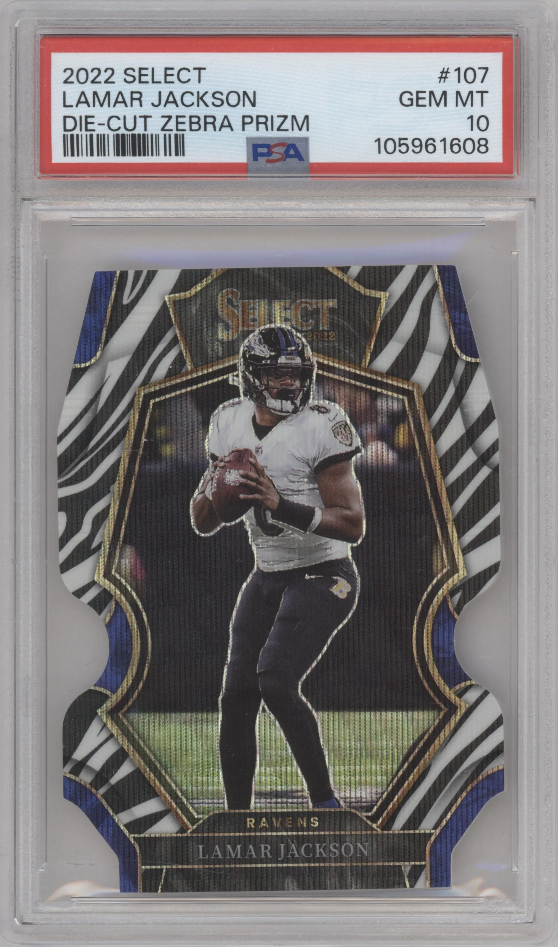 2022 Panini Select Pre.Lvl. Lamar Jackson Die-Cut Zebra #107 PSA 10