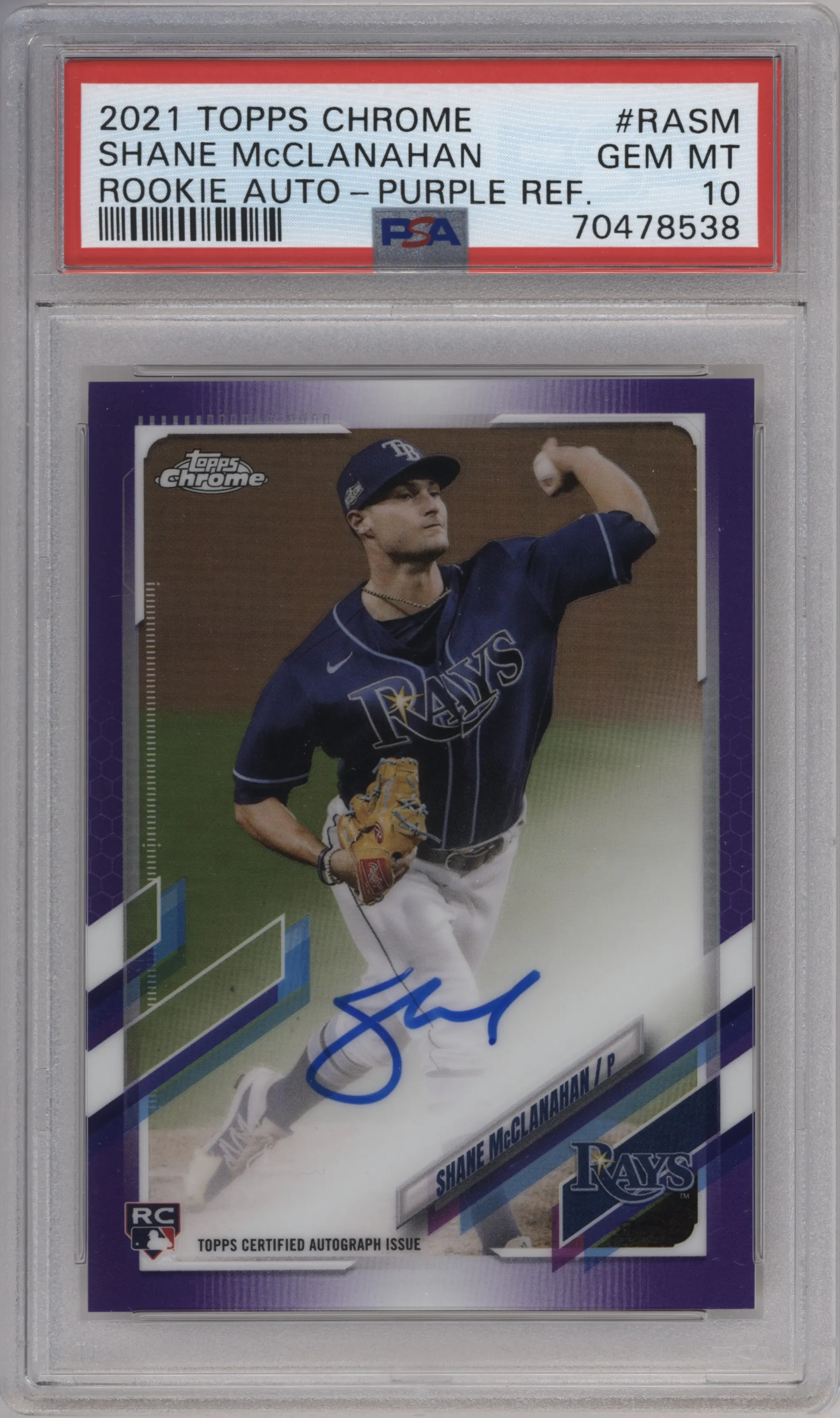 2021 Topps Chrome Rke.Auto Shane McClanahan Purple Refractor PSA 10