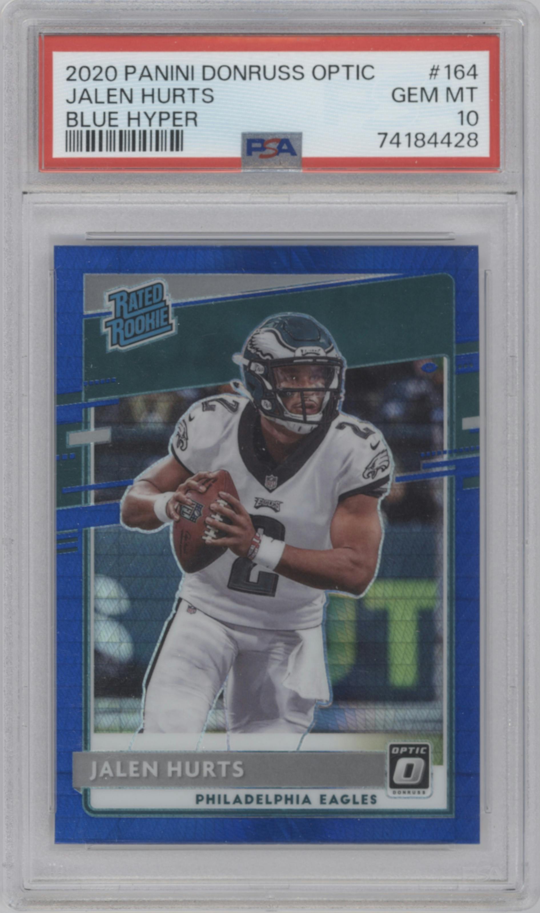 Jalen Hurts from the 2020 Panini Donruss Optic set featuring a Hyper Blue  parallel graded by PSA and given an overall grade of 10.