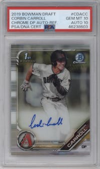 Corbin Carroll from the 2019 Bowman Draft set featuring a Refractor parallel graded by PSA and given an overall grade of 10.