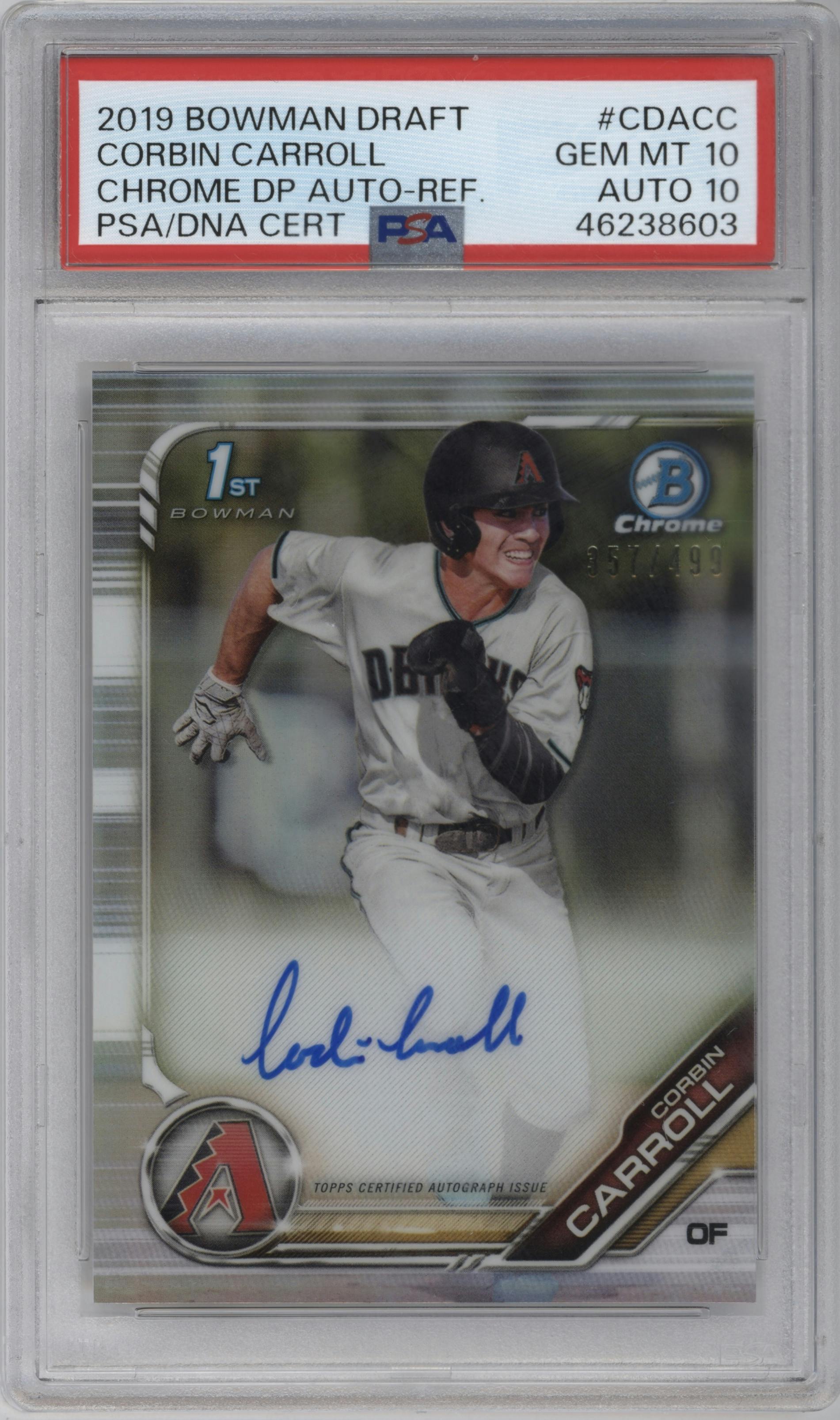 Corbin Carroll from the 2019 Bowman Draft set featuring a Refractor parallel graded by PSA and given an overall grade of 10.