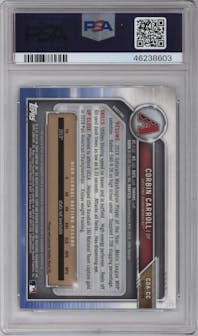 Corbin Carroll from the 2019 Bowman Draft set featuring a Refractor parallel graded by PSA and given an overall grade of 10.