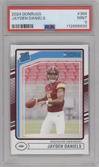 Jayden Daniels from the 2024 Donruss set graded by PSA and given an overall grade of 9.