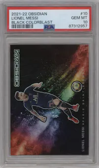 Lionel Messi from the 2021-22 Panini Obsidian set graded by PSA and given an overall grade of 10.