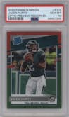 Jalen Hurts from the 2020 Panini Donruss set featuring a Red & Green parallel graded by PSA and given an overall grade of 10.