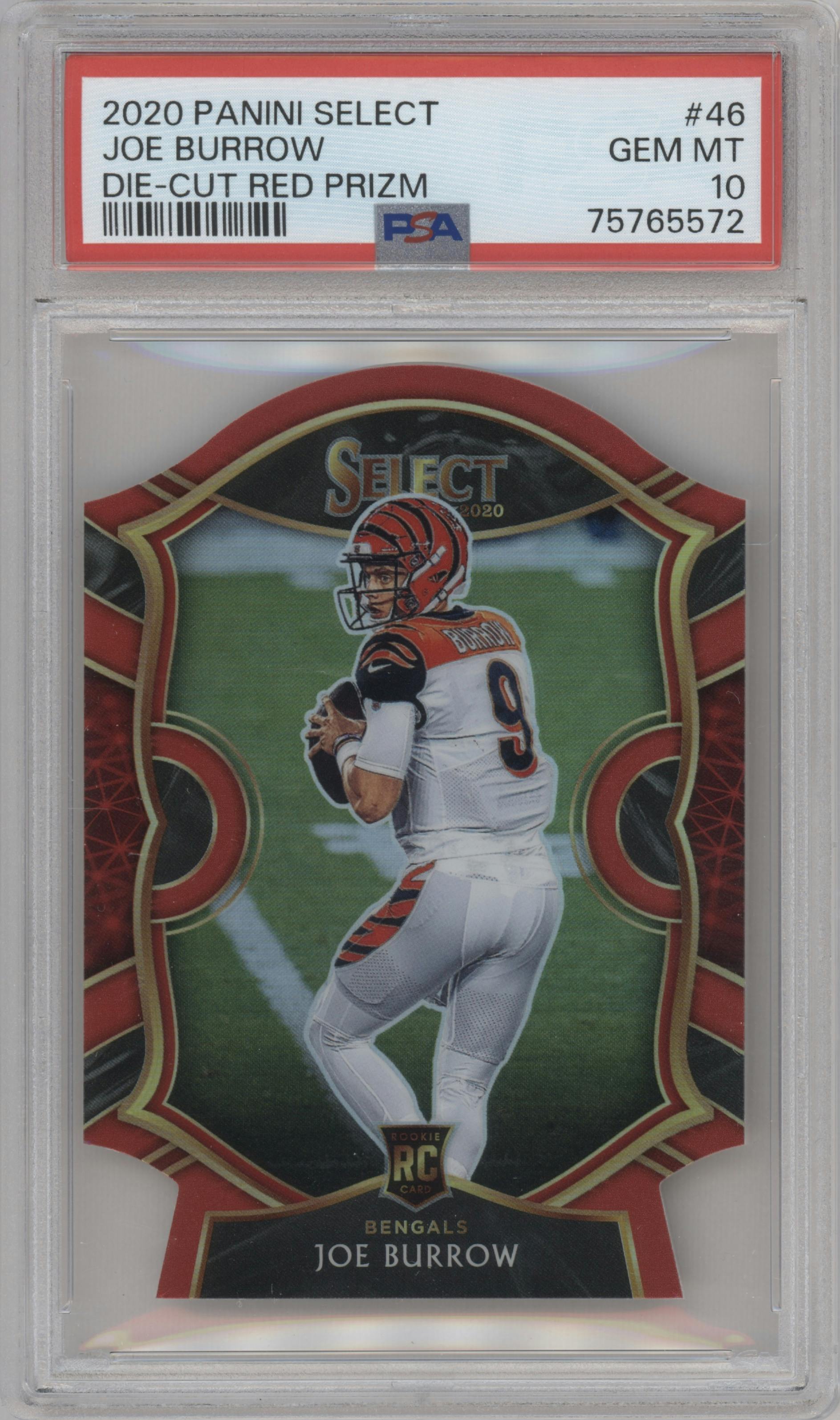 Joe Burrow from the 2020 Panini Select set featuring a Die-Cut Red parallel graded by PSA and given an overall grade of 10.
