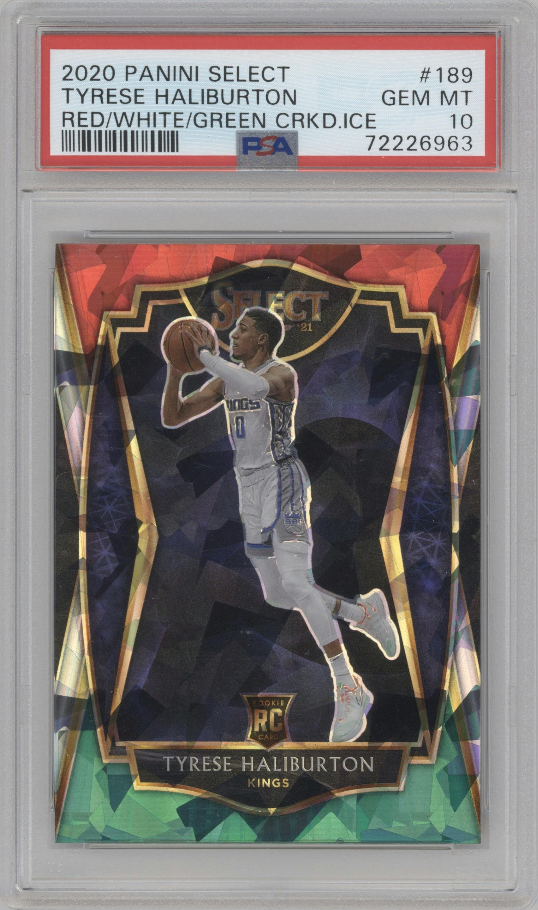 Tyrese Haliburton from the 2020-21 Panini Select  set featuring a Red/White/Green Cracked Ice parallel graded by PSA and given an overall grade of 10.