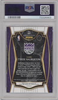 Tyrese Haliburton from the 2020-21 Panini Select  set featuring a Red/White/Green Cracked Ice parallel graded by PSA and given an overall grade of 10.