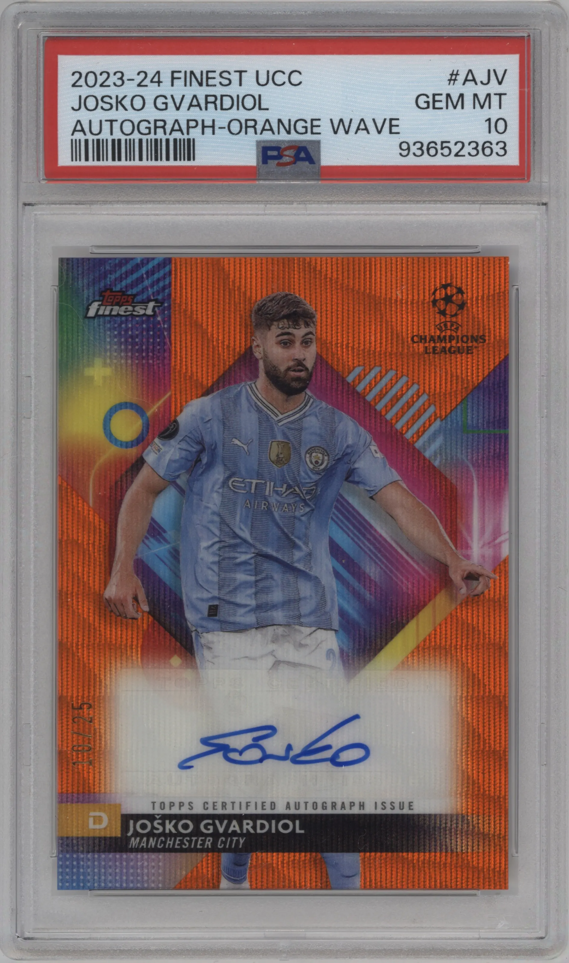 2023 Topps Finest UEFA Club Competitions Auto Josko Gvardiol Orange Wave Refractor PSA 10