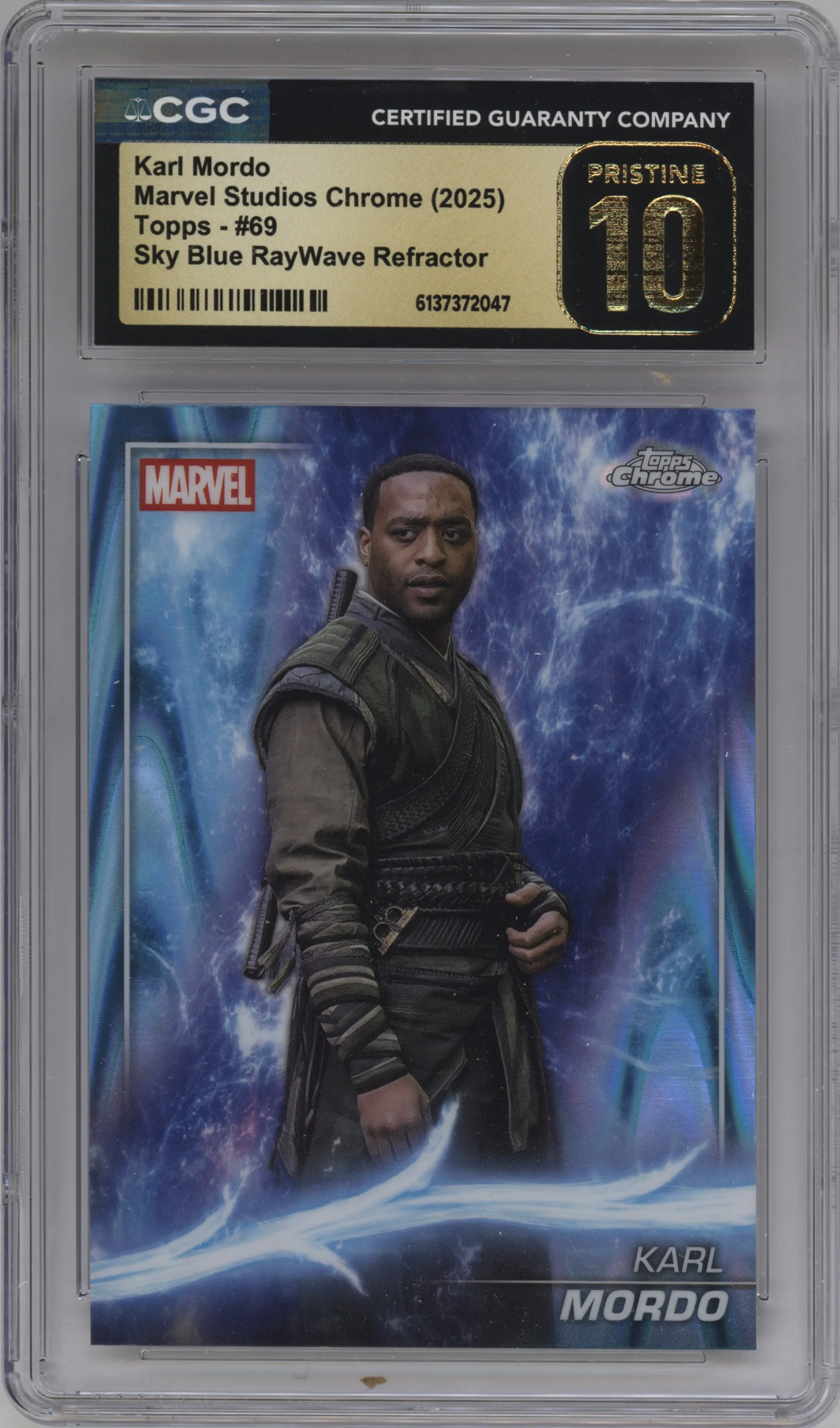 2025 Topps Chrome Marvel Studios Karl Mordo Sky Blue RayWave Refractor CGC 10