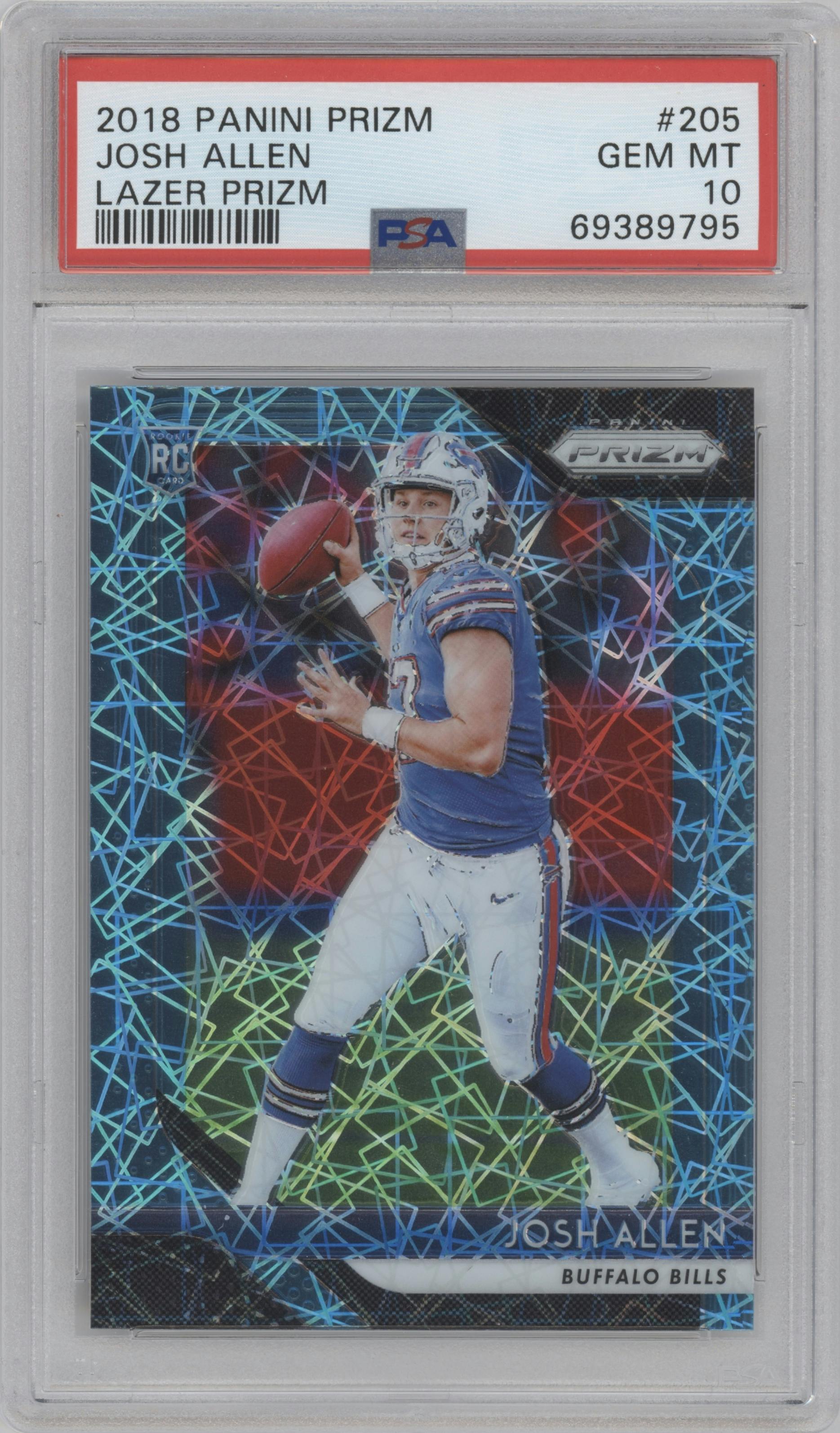 Josh Allen from the 2018 Panini Prizm set featuring a Lazer parallel graded by PSA and given an overall grade of 10.