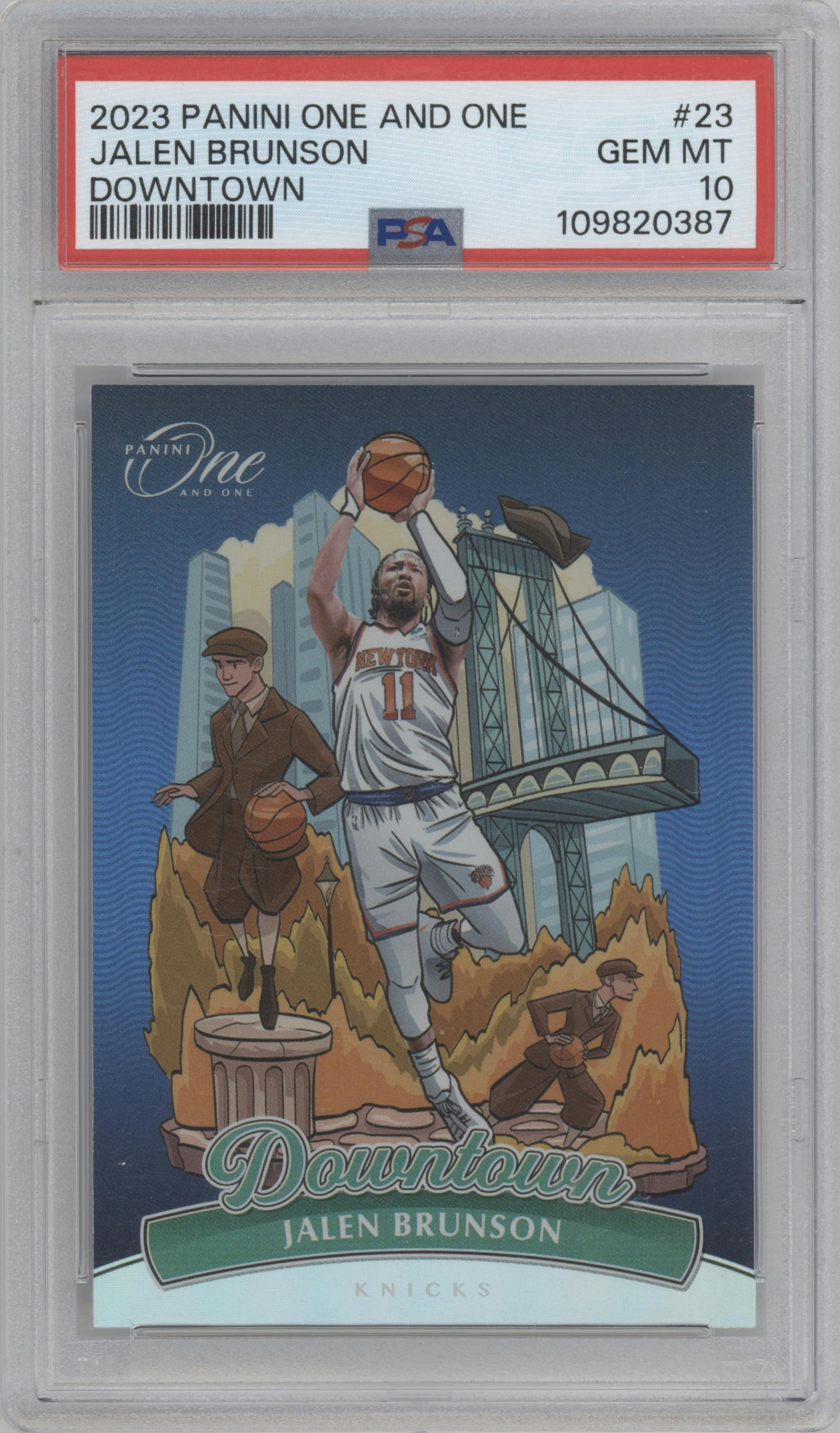 Jalen Brunson from the 2023-24 Panini One and One set graded by PSA and given an overall grade of 10.