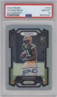 Jayden Reed from the 2023 Panini Prizm set graded by PSA and given an overall grade of 10.