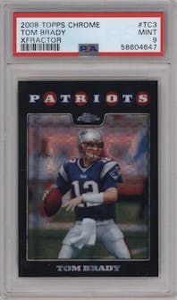 Tom Brady from the 2008 Topps Chrome set featuring a Xfractor parallel graded by PSA and given an overall grade of 9.