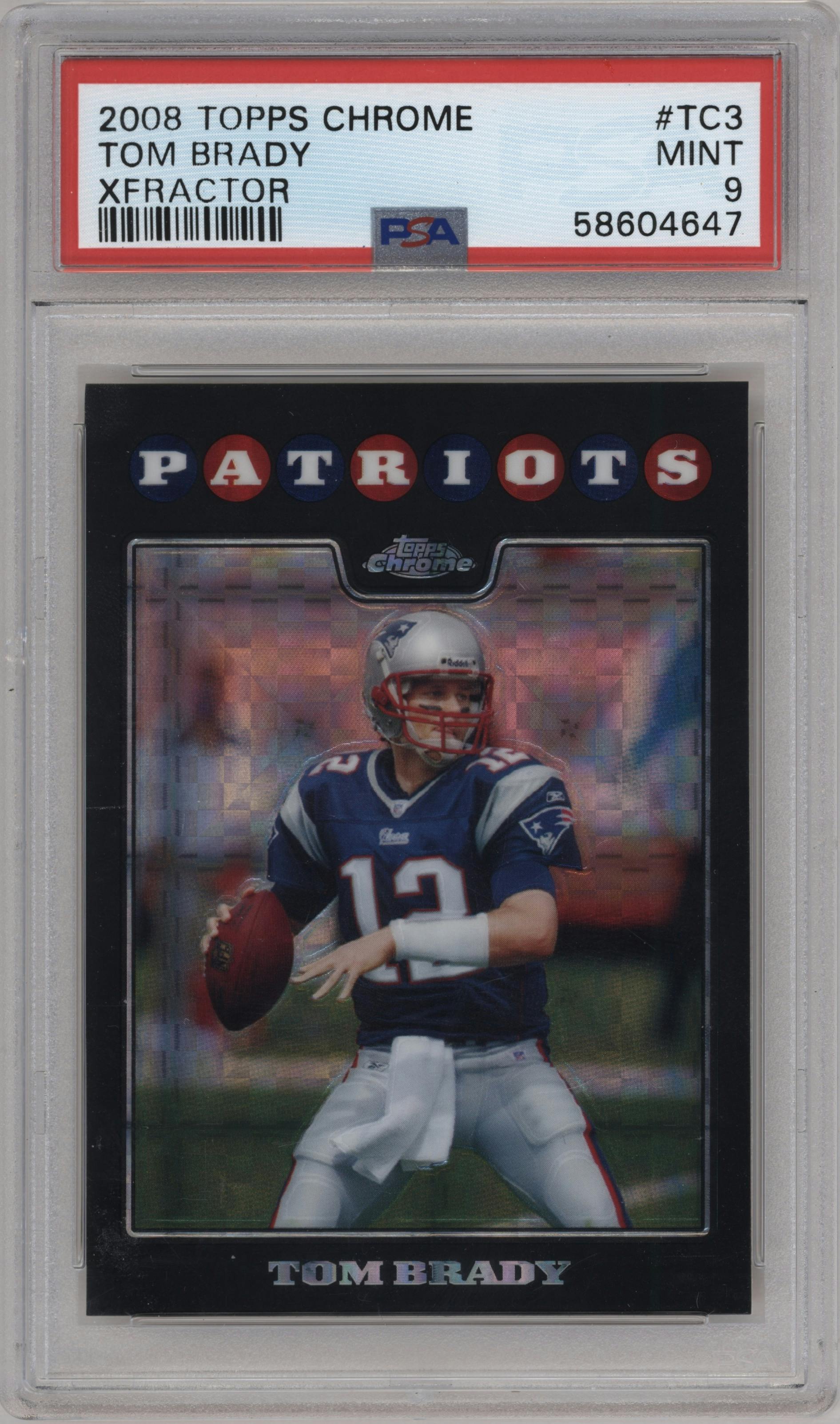 Tom Brady from the 2008 Topps Chrome set featuring a Xfractor parallel graded by PSA and given an overall grade of 9.