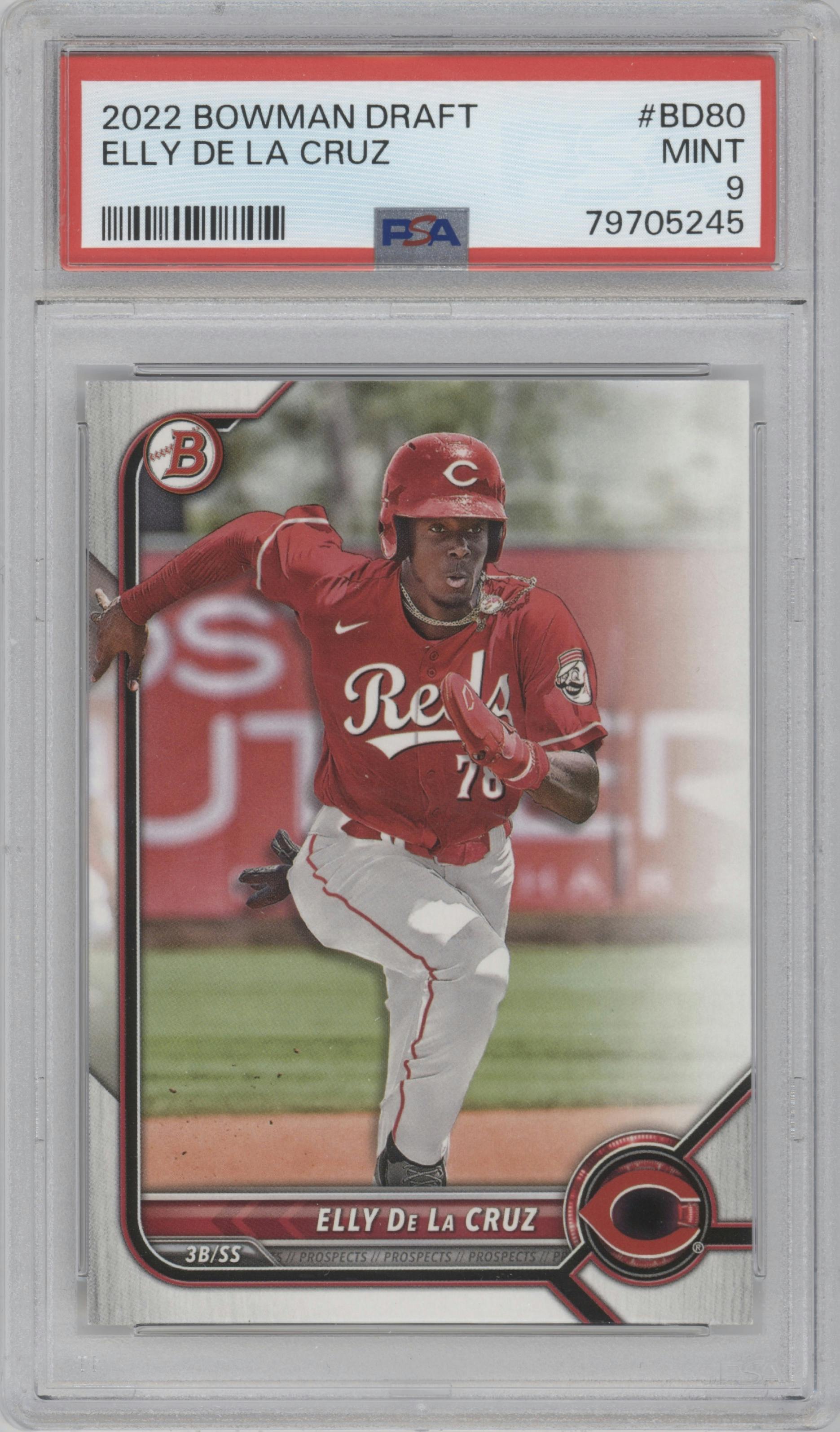 Elly De La Cruz from the 2022 Bowman Draft set graded by PSA and given an overall grade of 9.