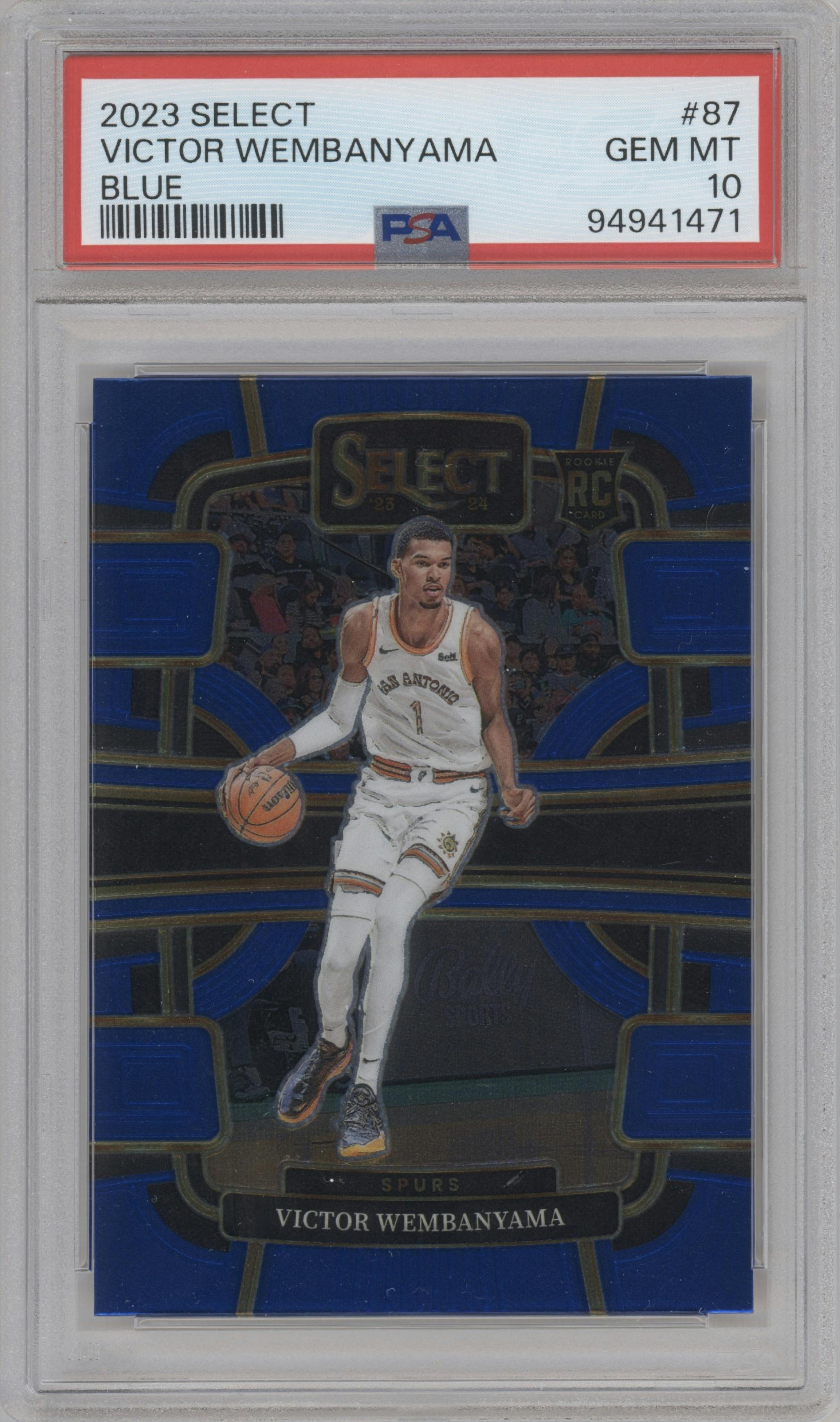 Victor Wembanyama from the 2023-24 Panini Select  set featuring a Blue Retail parallel graded by PSA and given an overall grade of 10.