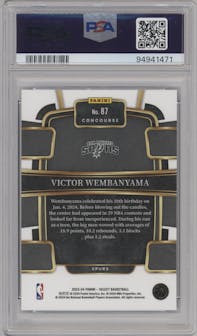 Victor Wembanyama from the 2023-24 Panini Select  set featuring a Blue Retail parallel graded by PSA and given an overall grade of 10.