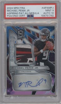Michael Penix Jr. from the 2024 Panini Spectra set featuring a Nebula parallel graded by PSA and given an overall grade of 9.