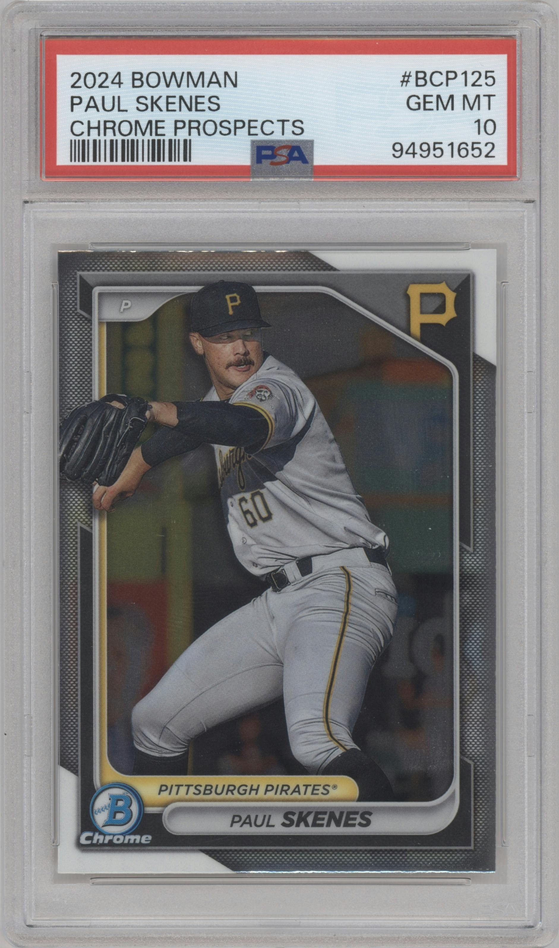 Paul Skenes from the 2024 Bowman set graded by PSA and given an overall grade of 10.