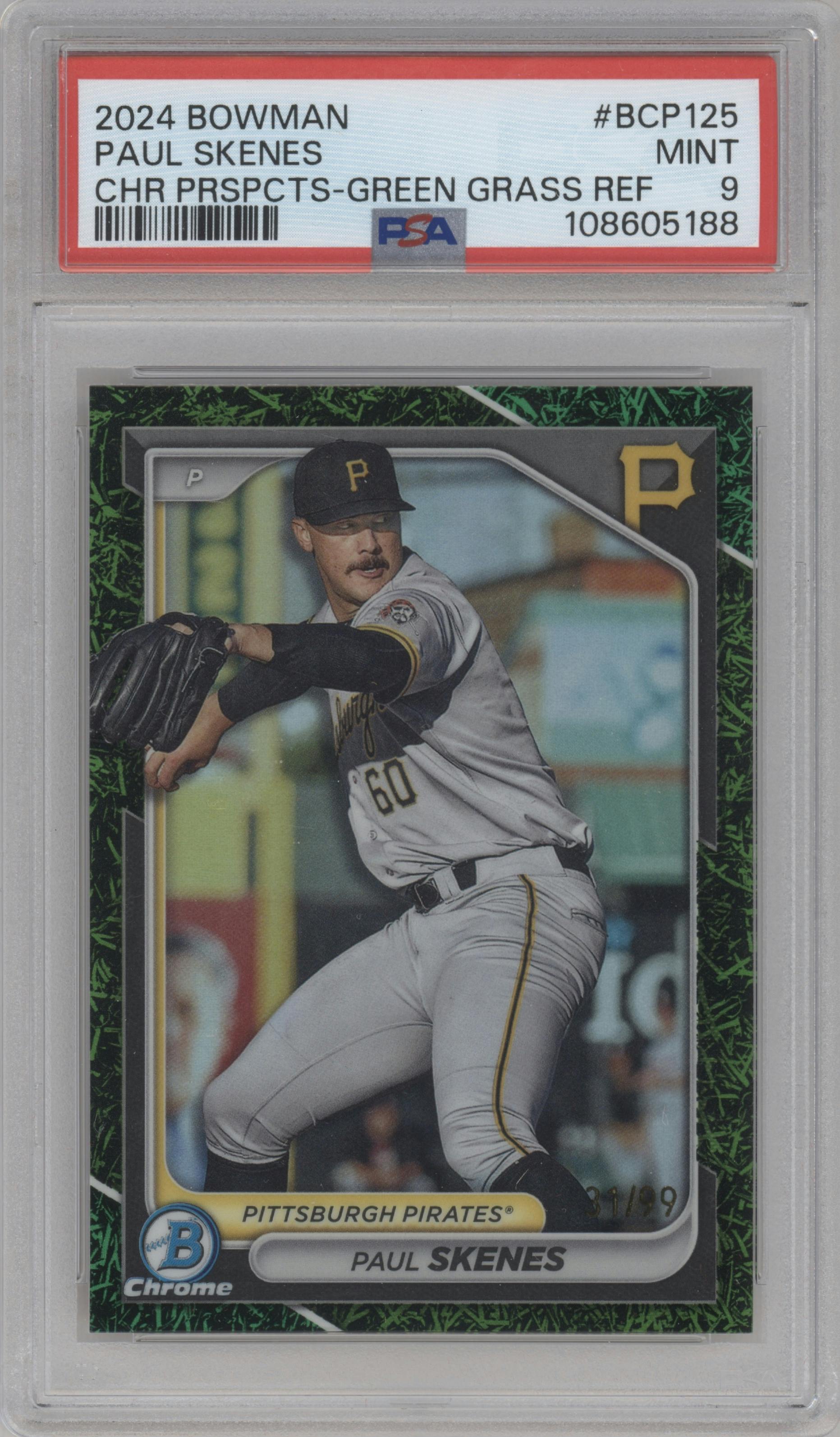 Paul Skenes from the 2024 Bowman set featuring a Green Grass Refractors parallel graded by PSA and given an overall grade of 9.
