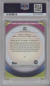 Bo Nix  from the 2022-23 Bowman University Inception set featuring a Gold Foil V2 parallel graded by PSA and given an overall grade of 10.