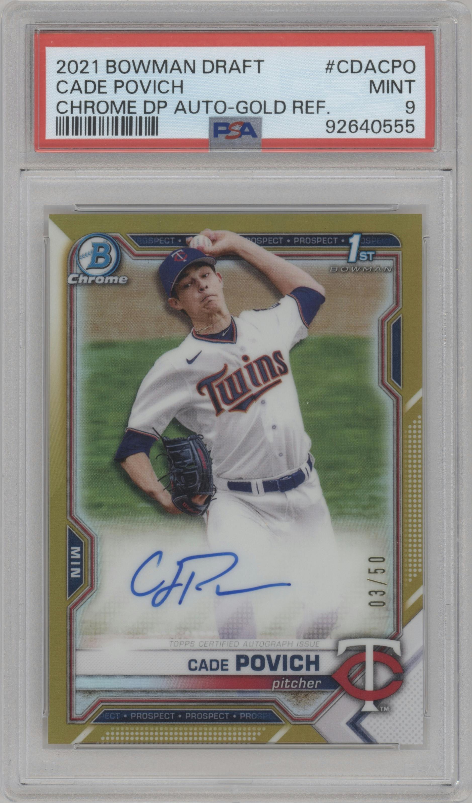 Cade Povich from the 2021 Bowman Draft set featuring a Gold Refractor parallel graded by PSA and given an overall grade of 9.