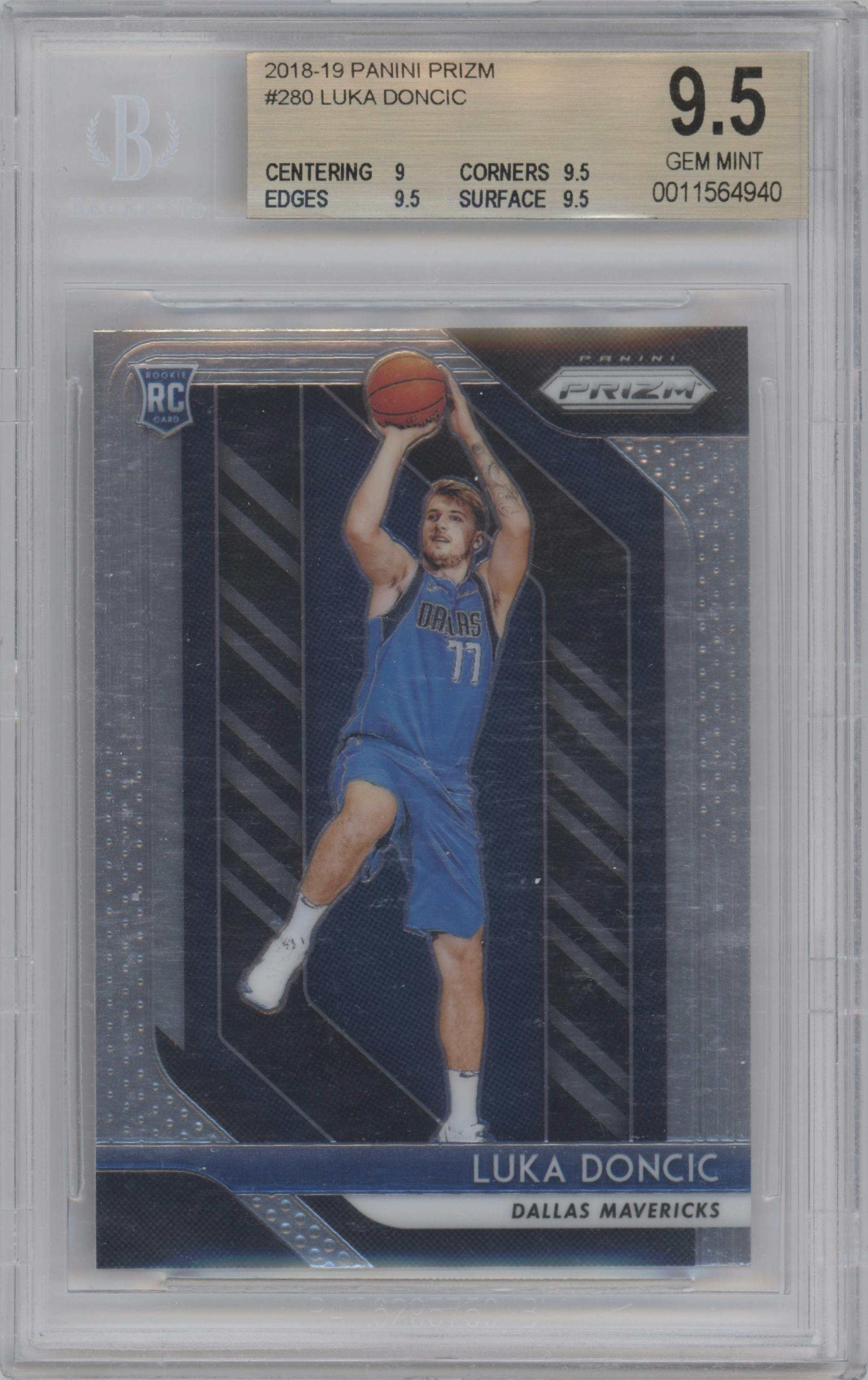 Luka Doncic from the 2018-19 Panini Prizm set graded by Beckett and given an overall grade of 9.5.