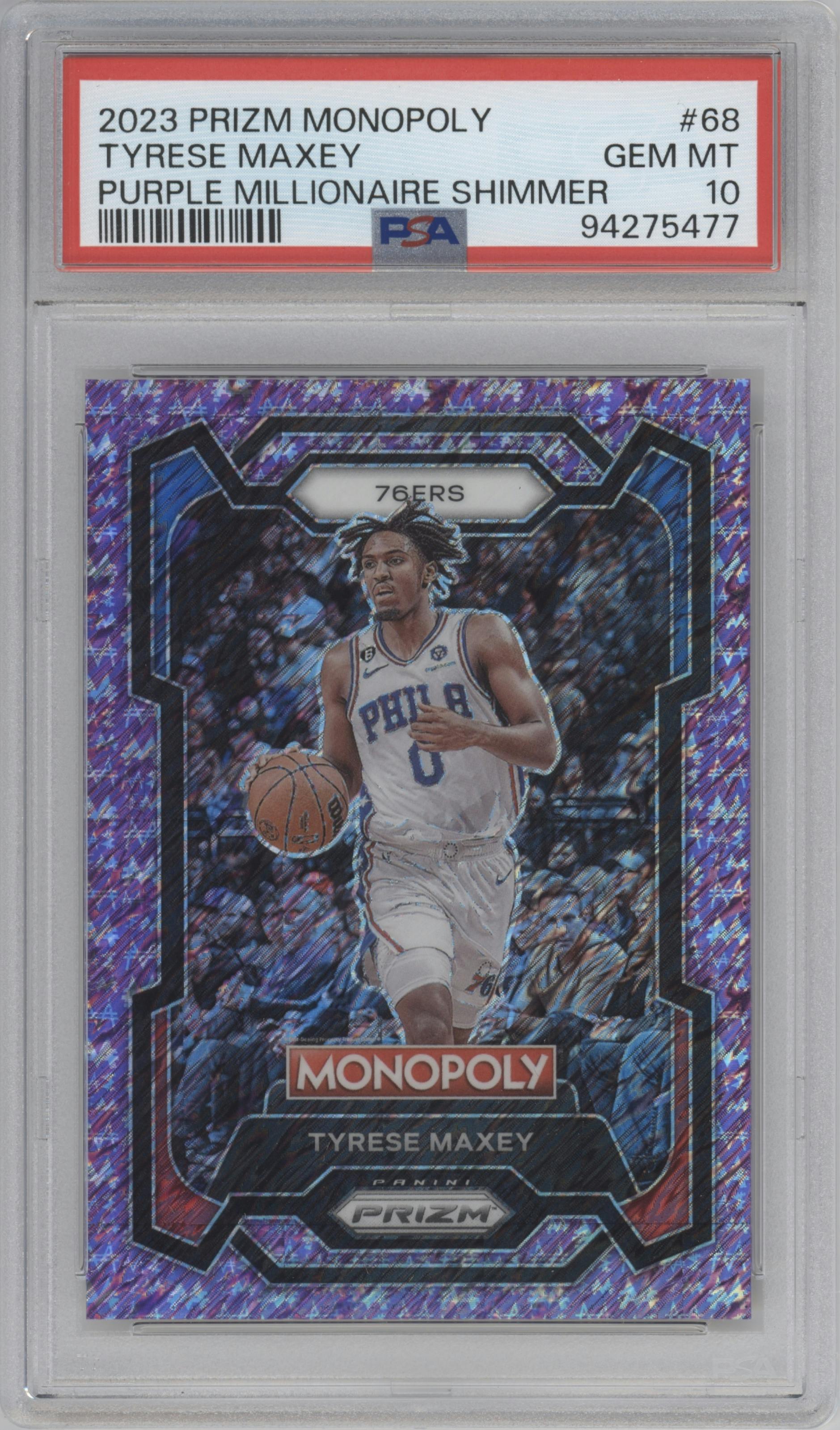 Tyrese Maxey from the 2023-24 Panini Prizm Monopoly set featuring a Purple Millionaire Shimmer parallel graded by PSA and given an overall grade of 10.