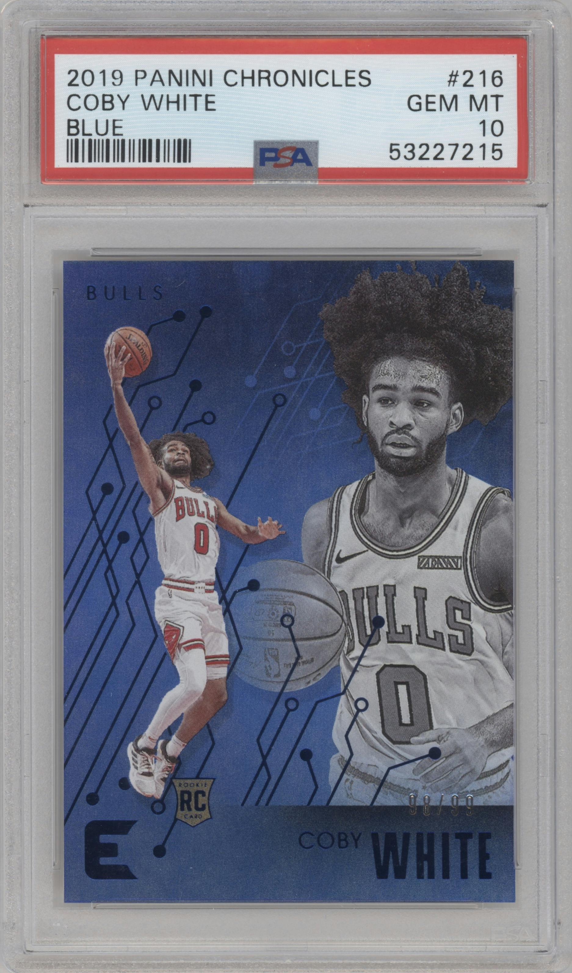 Coby White from the 2019-20 Panini Chronicles  set featuring a Blue parallel graded by PSA and given an overall grade of 10.