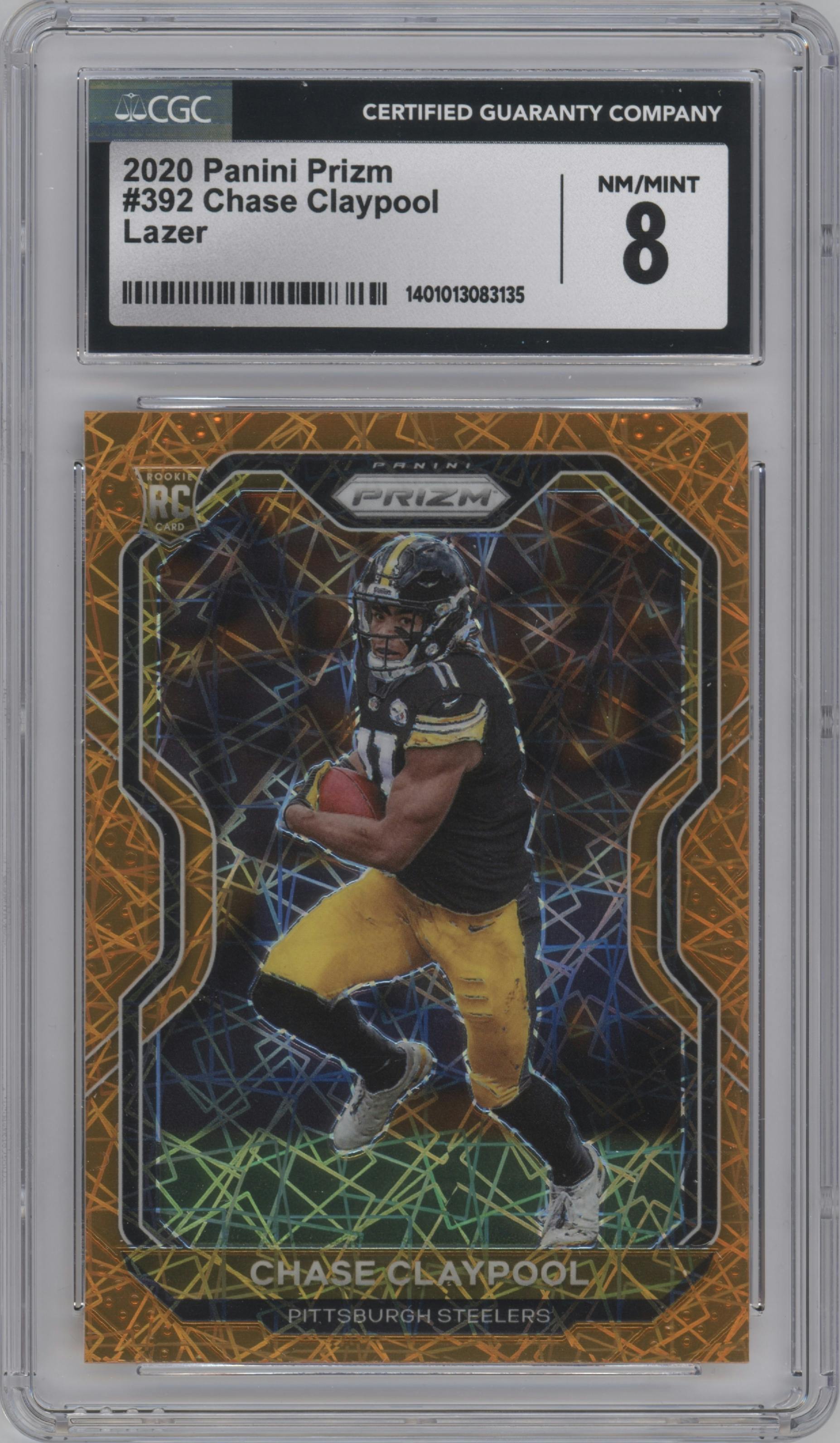 Chase Claypool from the 2020 Panini Prizm set featuring a Lazer parallel graded by CSG and given an overall grade of 8.
